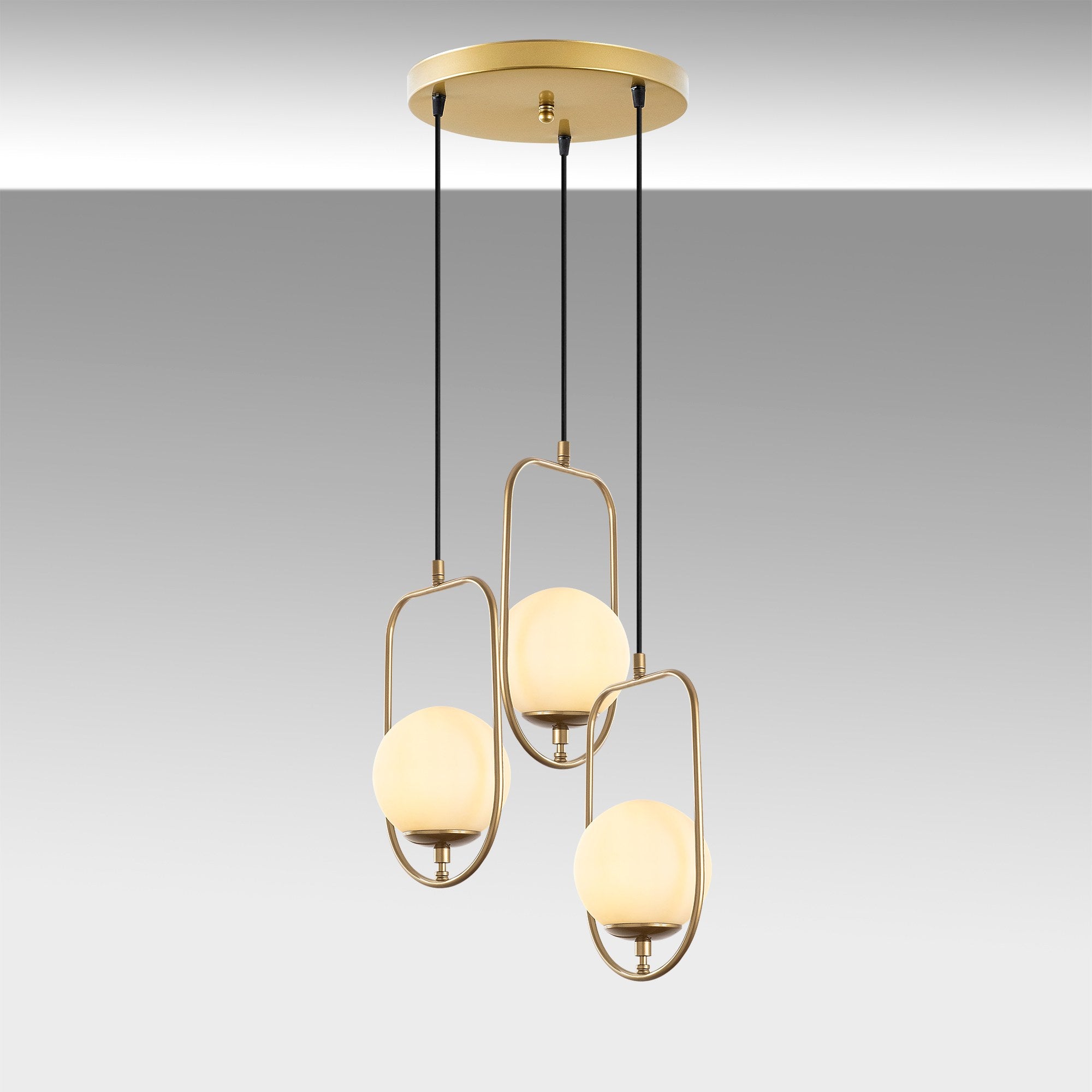 Candeeiro de Teto Dourado Elegante, Corpo em Metal, 55 cm de Largura, Altura Ajustável (40-185 cm), 3 Soquetes E14, Iluminação Elegante para Espaços Modernos, Classificação IP20
