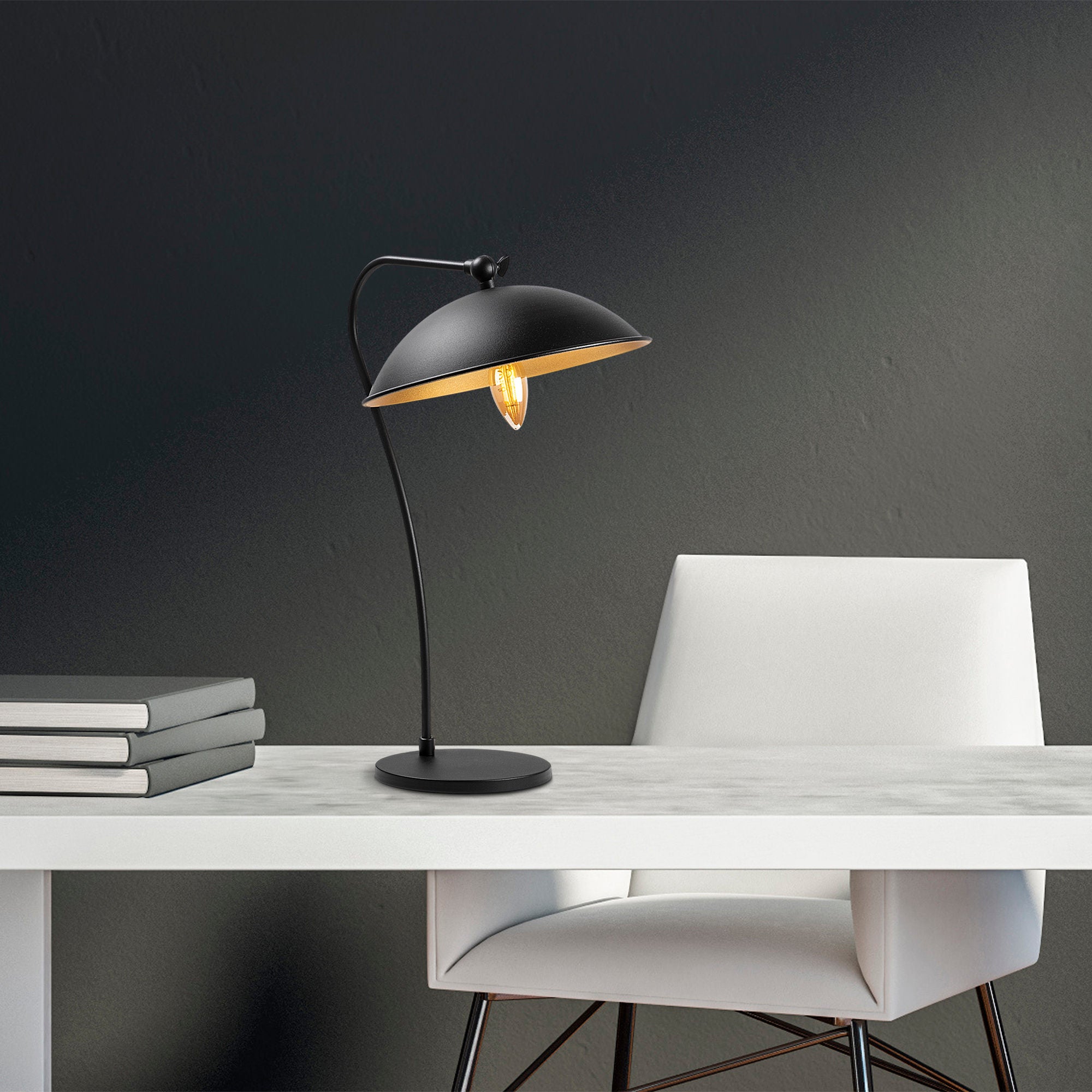 Candeeiro de Mesa Elegante Preta e Dourada, Corpo de Metal, 35 x 27 x 50 cm | Soquete E14, Máx. 40 W | Design Industrial Moderno para Decoração de Casa e Escritório