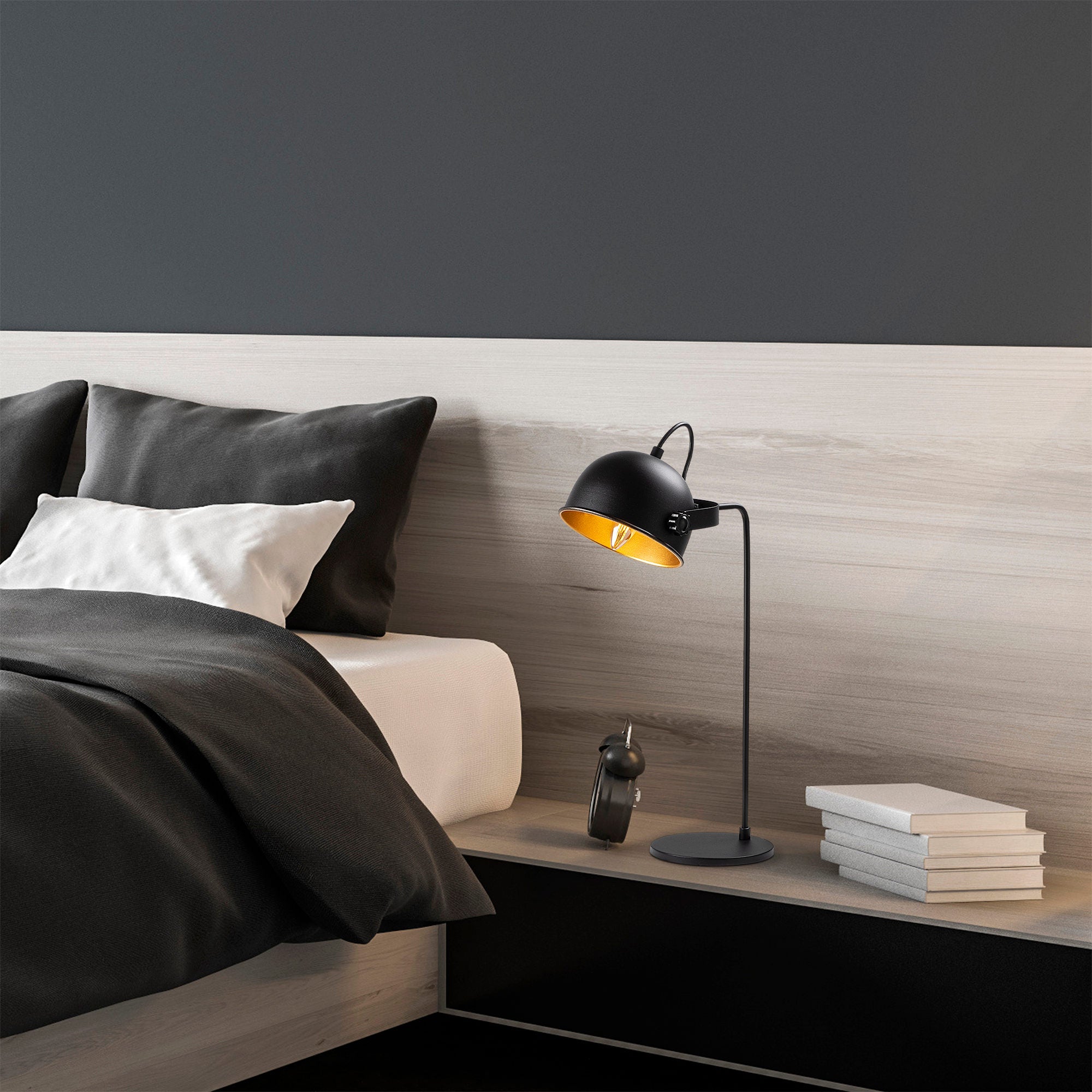 Candeeiro de Mesa Moderna, Preta e Dourada, 32 x 30 x 60 cm | Corpo em Metal, Soquete E14, IP20 | Design Industrial e Escandinavo Elegante para Casa e Escritório
