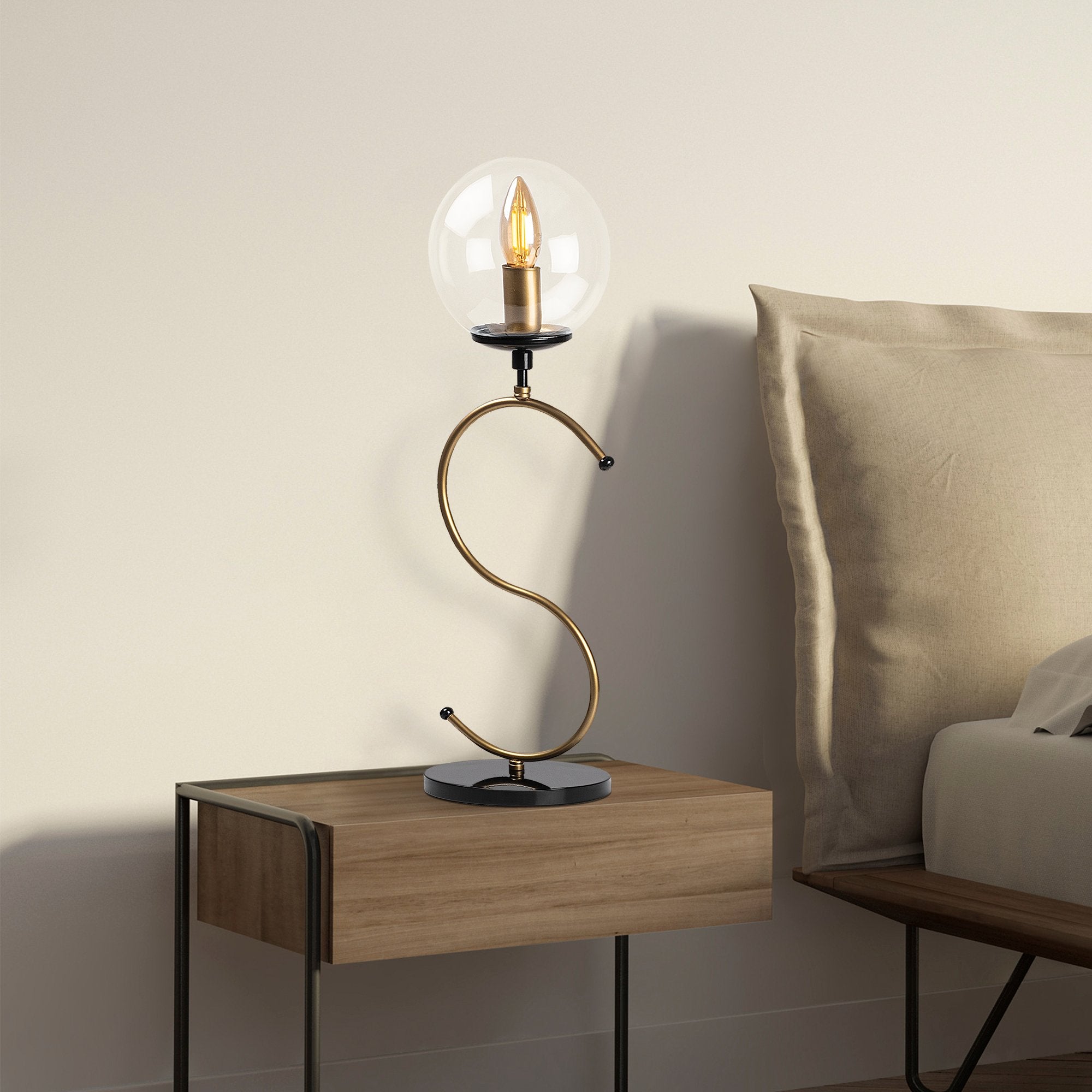 Candeeiro de Mesa Moderna com Corpo em Metal, Acabamento Preto e Antigo, 18 x 19 x 57 cm | Soquete E14, Potência Máxima de 40 W, Cabo de 200 cm | Design Glamouroso e Elegante para Decoração de Casa