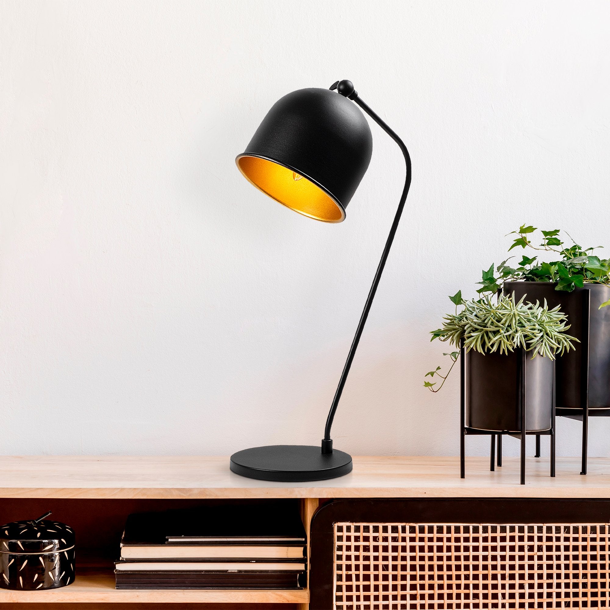 Candeeiro de Mesa elegante, preta e dourada, corpo de metal, 18 x 30 x 56 cm | Soquete E14, 40 W máx., cabo de 200 cm | Design industrial moderno para casa e escritório