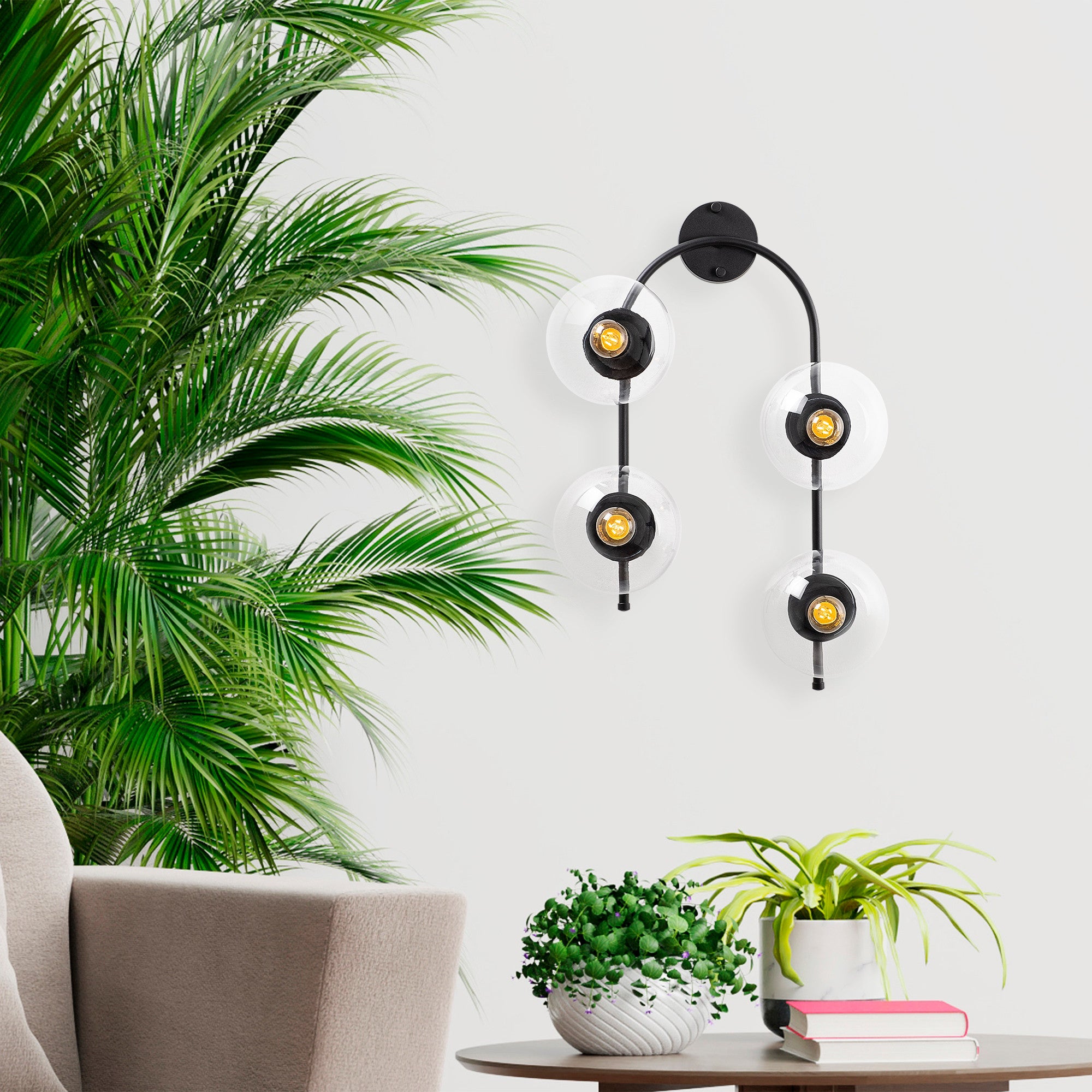 Candeeiro de Parede preta moderna, corpo de metal e tampa de vidro, 62 cm de altura | IP20, 4 soquetes E14, design industrial e escandinavo | Ideal para casa e escritório