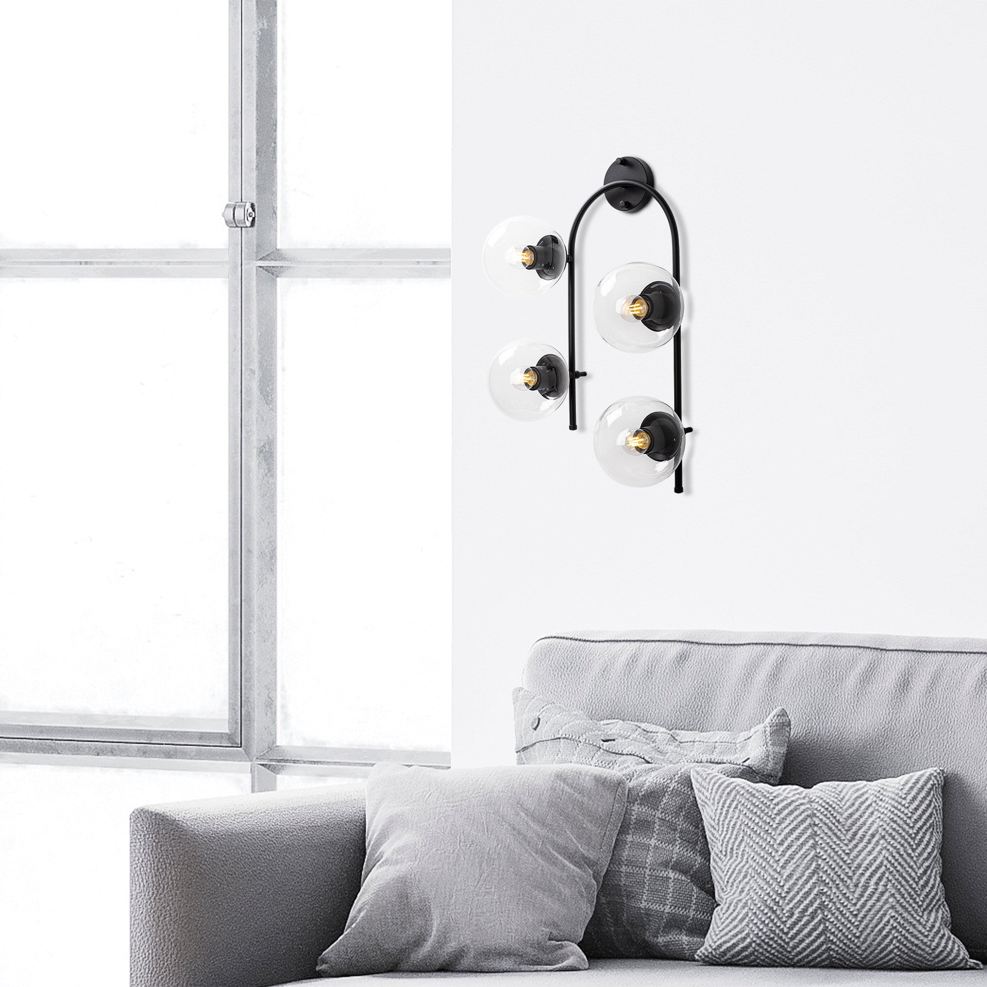 Candeeiro de Parede preta moderna, corpo de metal e tampa de vidro, 62 cm de altura | IP20, 4 soquetes E14, design industrial e escandinavo | Ideal para casa e escritório