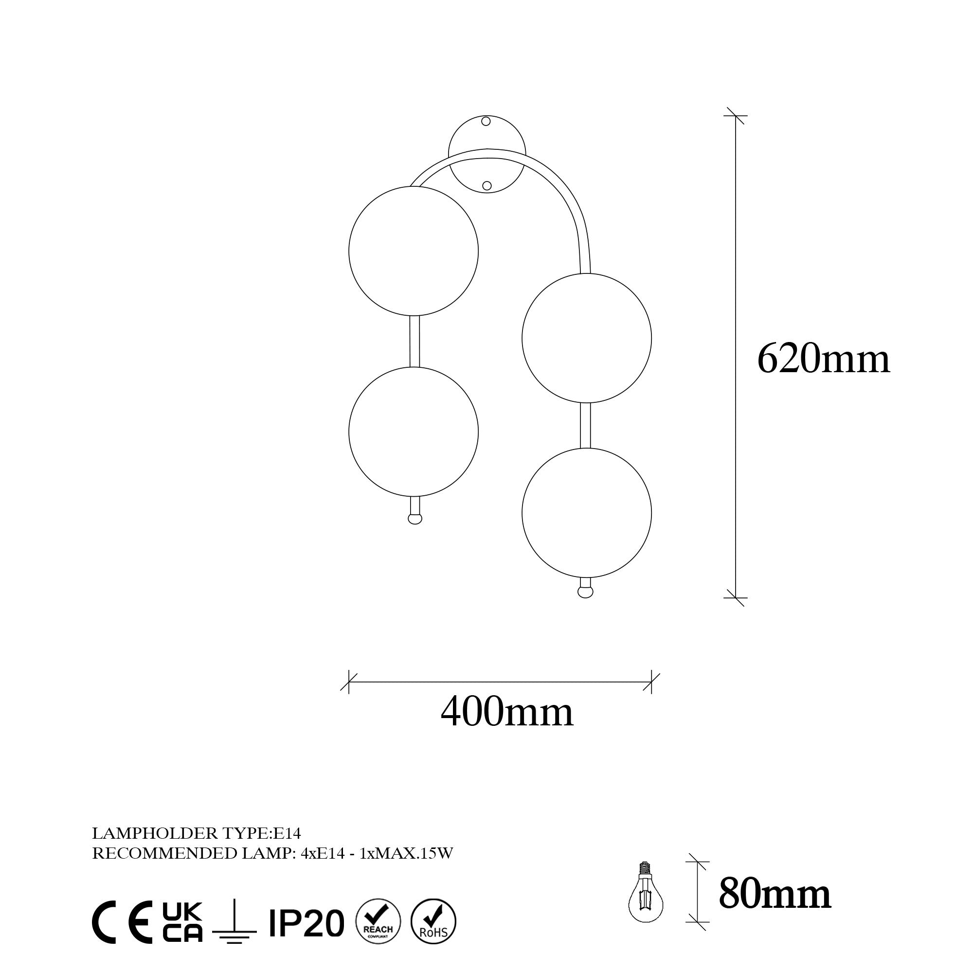 Candeeiro de Parede preta moderna, corpo de metal e tampa de vidro, 62 cm de altura | IP20, 4 soquetes E14, design industrial e escandinavo | Ideal para casa e escritório