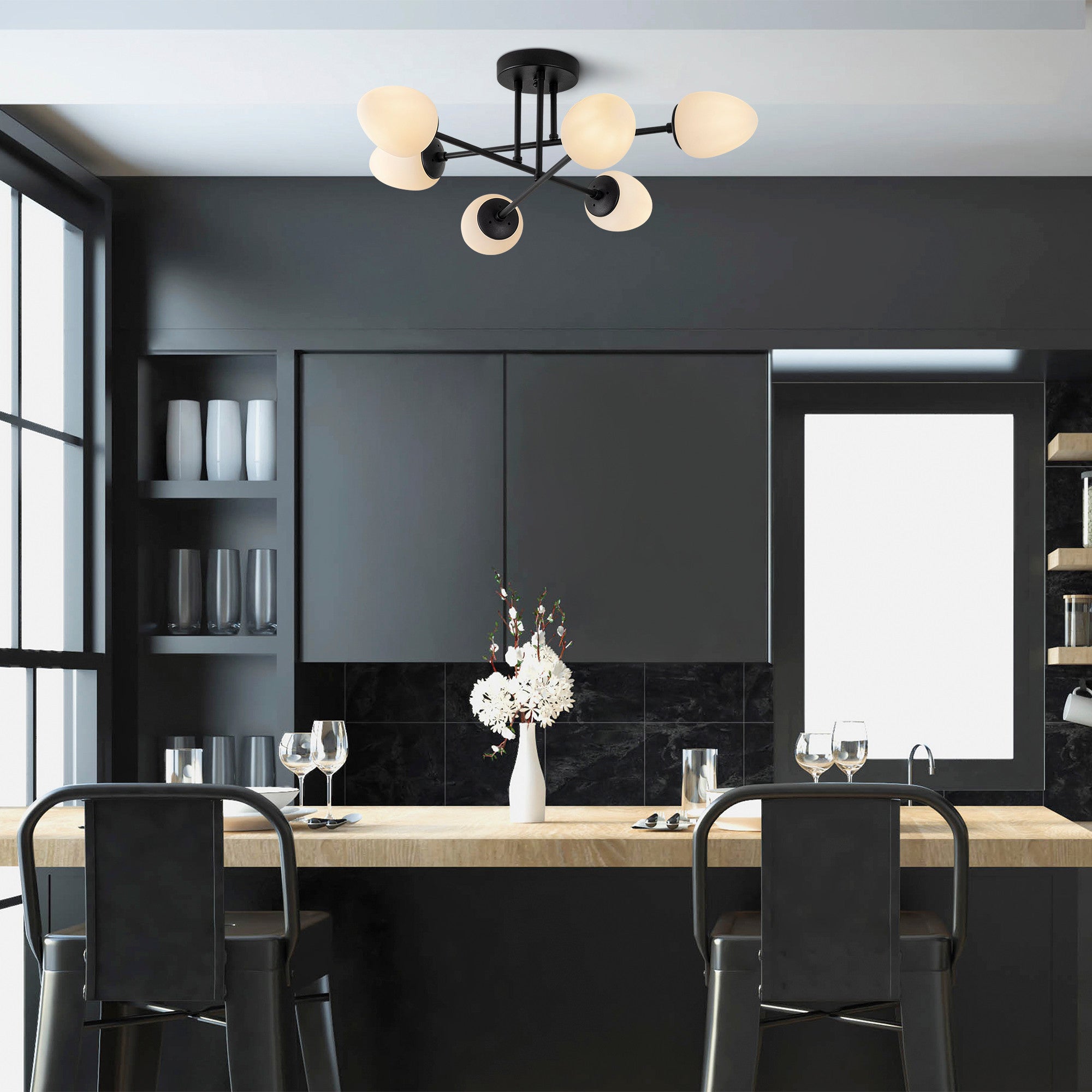 Candeeiro de Teto Industrial Moderno, Preto e Creme, 81 x 81 cm | Corpo em Metal, Tampa de Vidro, 6 Soquetes E14 | Iluminação Elegante para Casa e Escritório