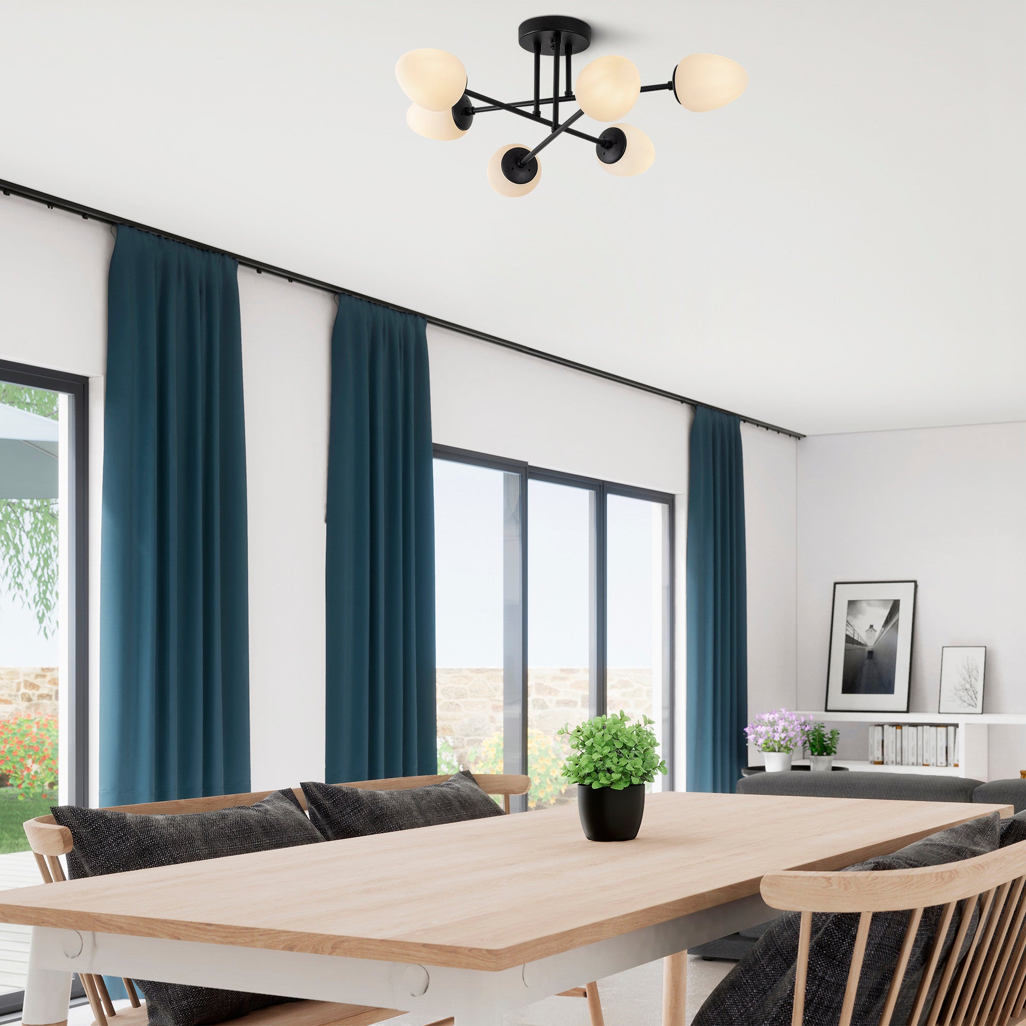 Candeeiro de Teto Industrial Moderno, Preto e Creme, 81 x 81 cm | Corpo em Metal, Tampa de Vidro, 6 Soquetes E14 | Iluminação Elegante para Casa e Escritório
