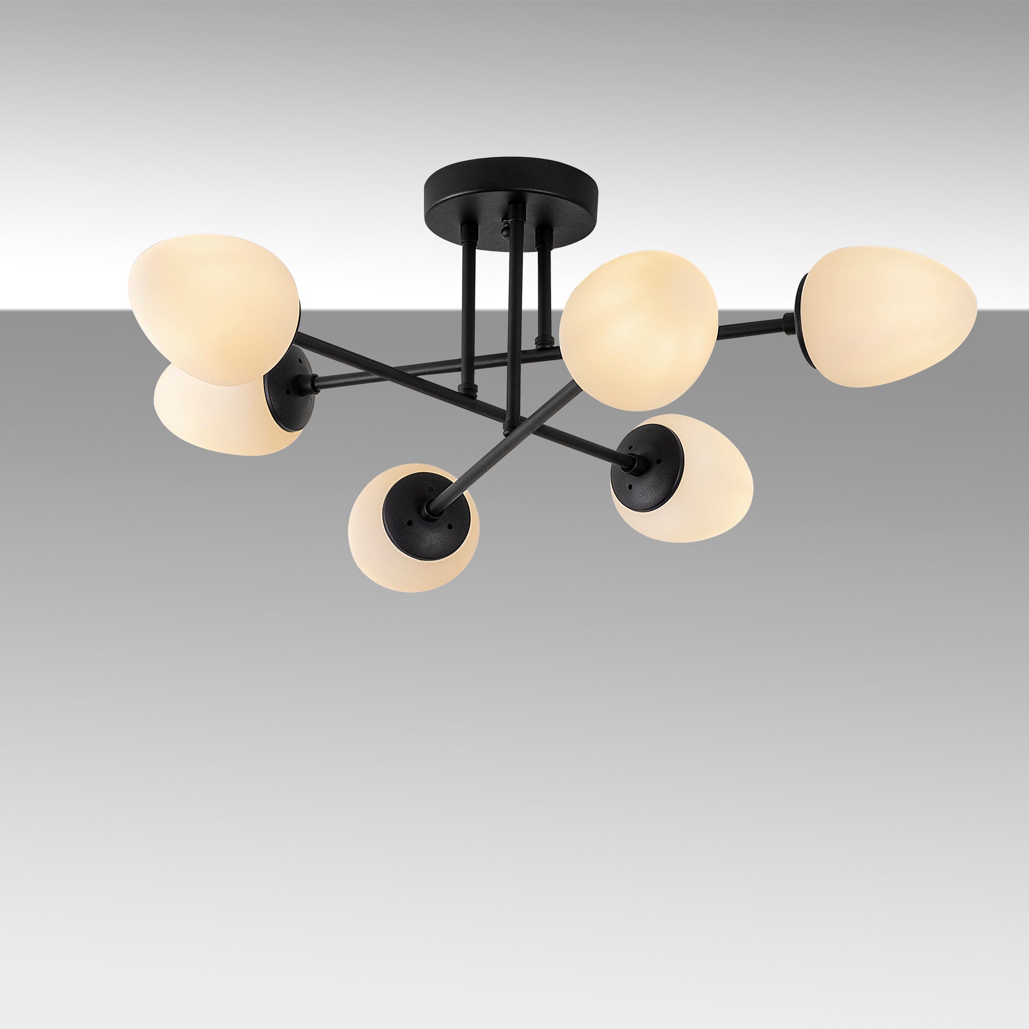 Candeeiro de Teto Industrial Moderno, Preto e Creme, 81 x 81 cm | Corpo em Metal, Tampa de Vidro, 6 Soquetes E14 | Iluminação Elegante para Casa e Escritório