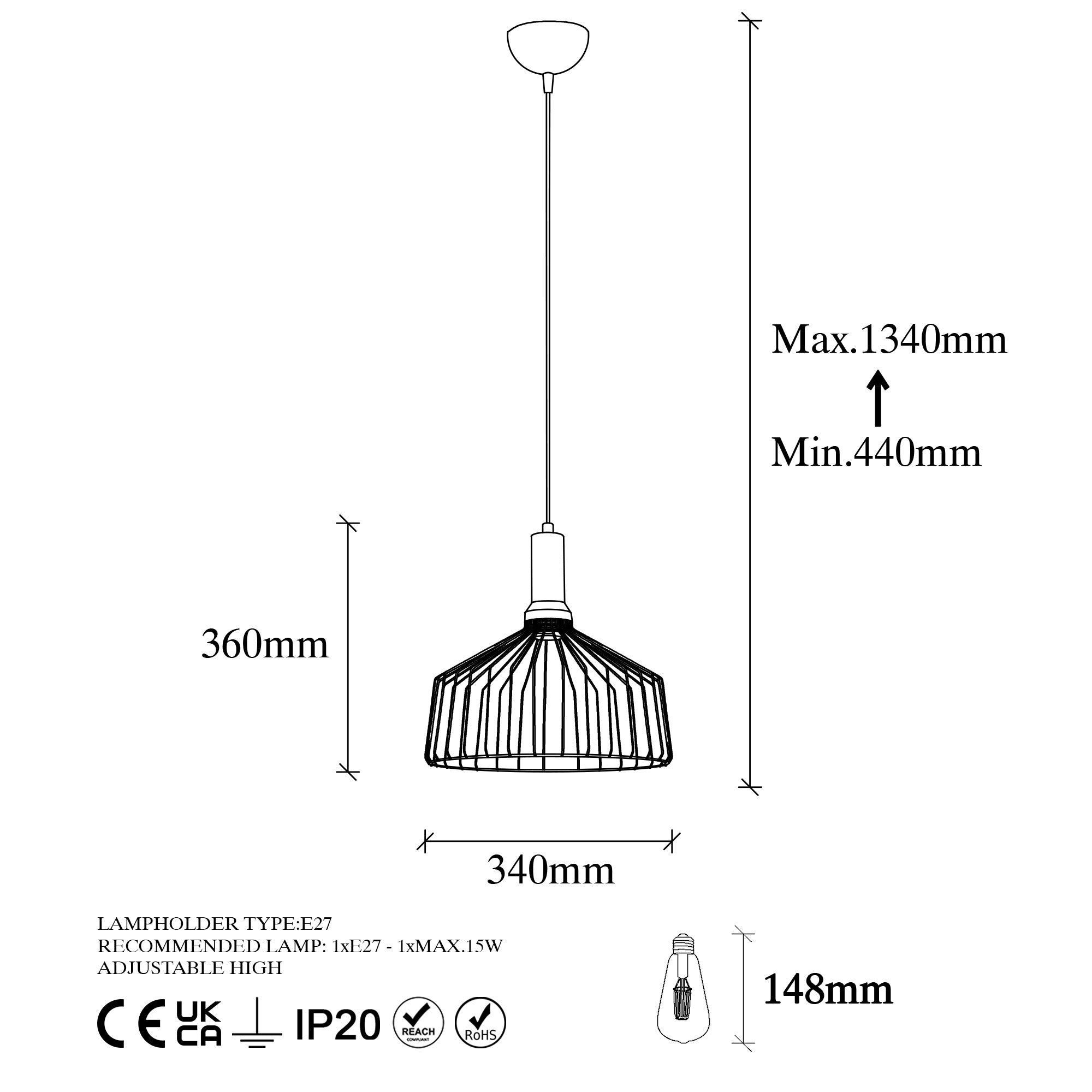 Candeeiro de Teto Industrial Moderno, Acabamento Preto e Antigo, 34x34 cm, Altura Ajustável 44-134 cm, Soquete E27, Design de Metal Elegante para Espaços Glamourosos