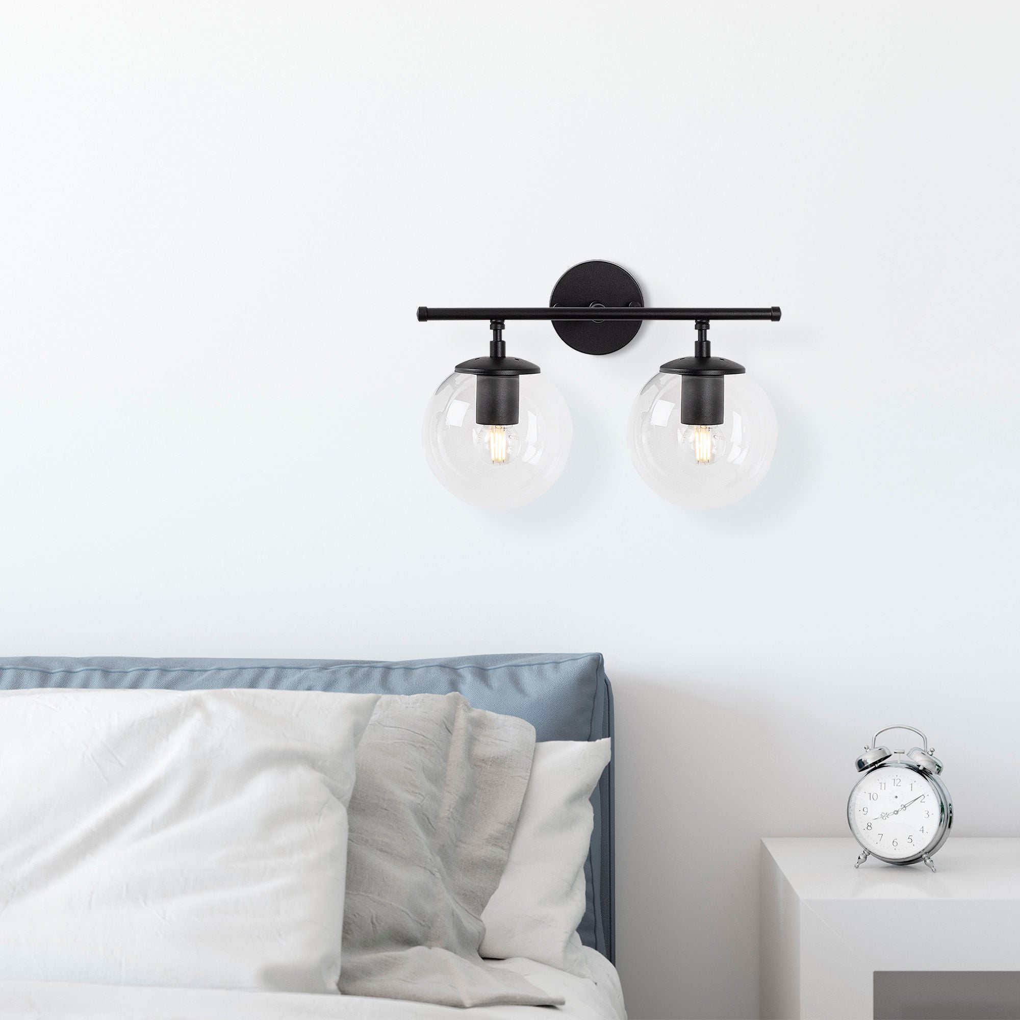 Candeeiro de Parede preta moderna, corpo de metal e tampa de vidro, 36 x 24 x 16 cm | IP20, botão liga/desliga, 2 soquetes E14 | Design industrial e escandinavo elegante