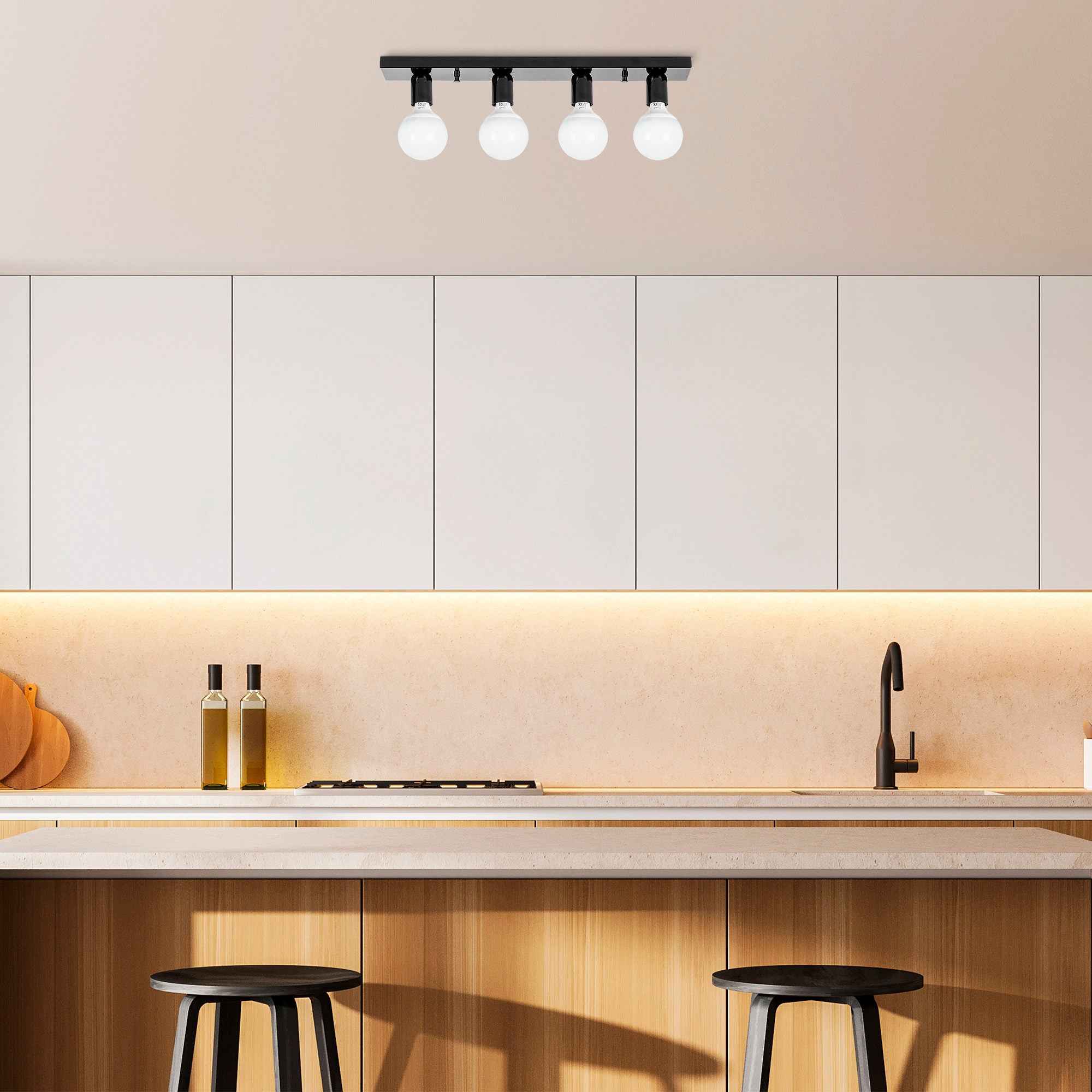 Candeeiro de Teto Industrial Escandinavo, Preto e Branco, 60 x 10 x 10 cm | Corpo em Metal, 4 Soquetes E27, IP20 | Iluminação Elegante para Espaços Modernos