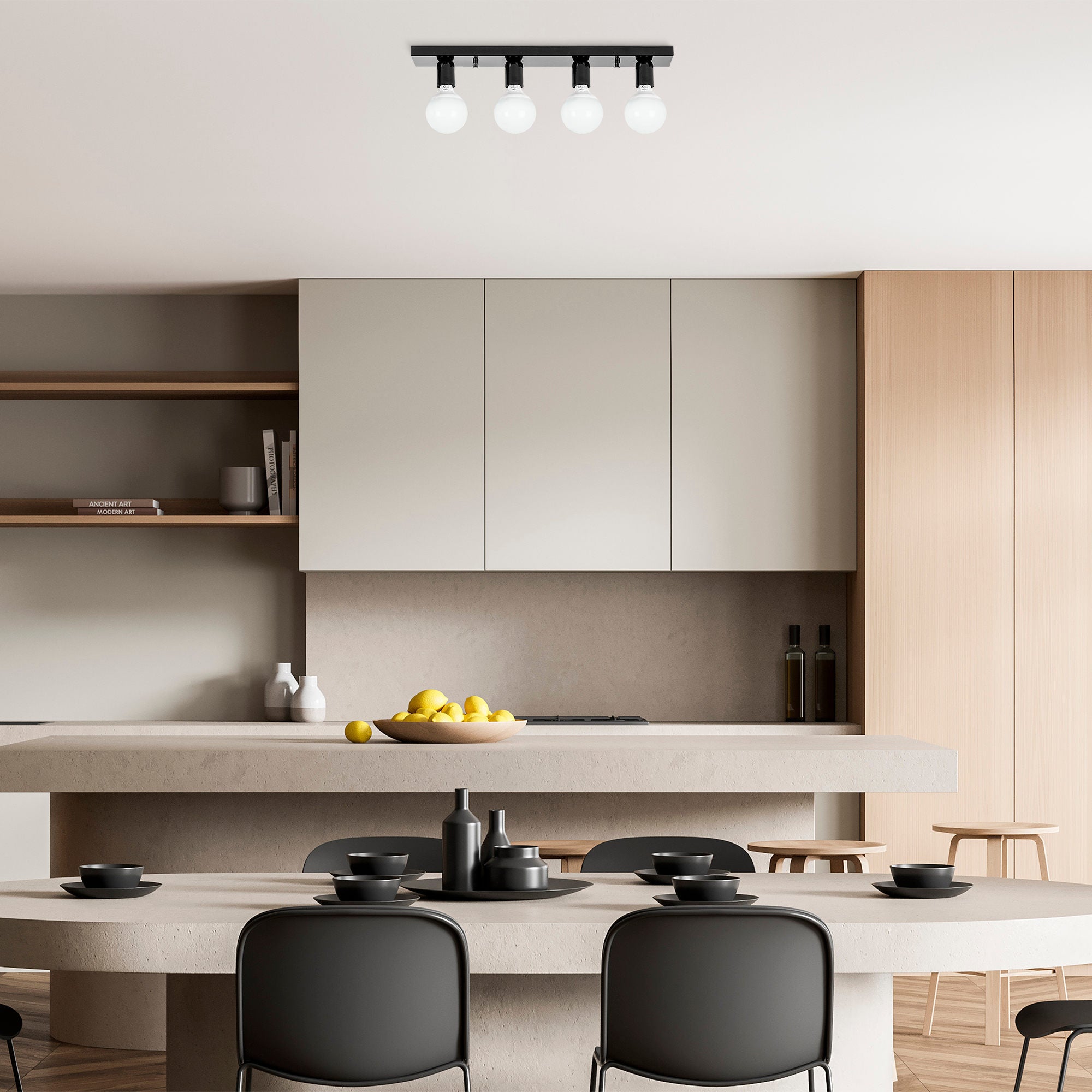 Candeeiro de Teto Industrial Escandinavo, Preto e Branco, 60 x 10 x 10 cm | Corpo em Metal, 4 Soquetes E27, IP20 | Iluminação Elegante para Espaços Modernos