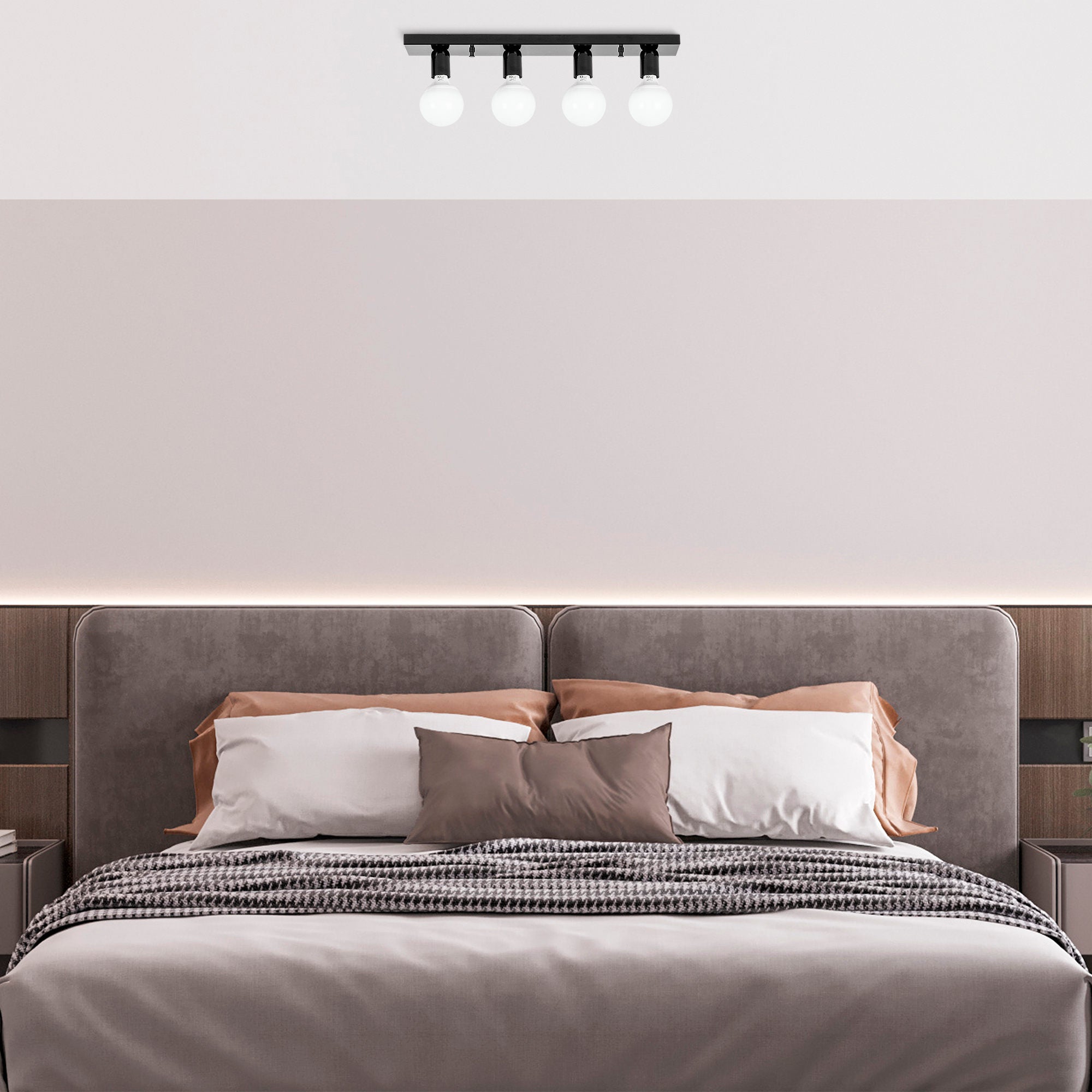 Candeeiro de Teto Industrial Escandinavo, Preto e Branco, 60 x 10 x 10 cm | Corpo em Metal, 4 Soquetes E27, IP20 | Iluminação Elegante para Espaços Modernos