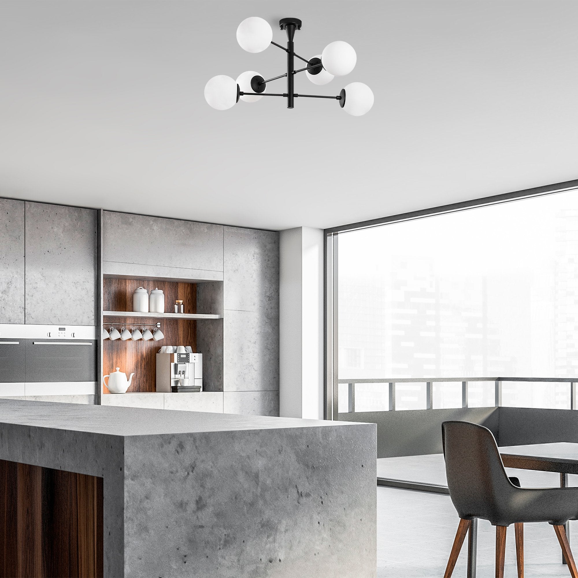 Candeeiro de Teto Industrial Preto, 75 x 75 x 40 cm, Corpo em Metal com Tampa de Vidro (15 cm) | 6 x E14 Máx. 40 W | Design Escandinavo Elegante para Espaços Modernos