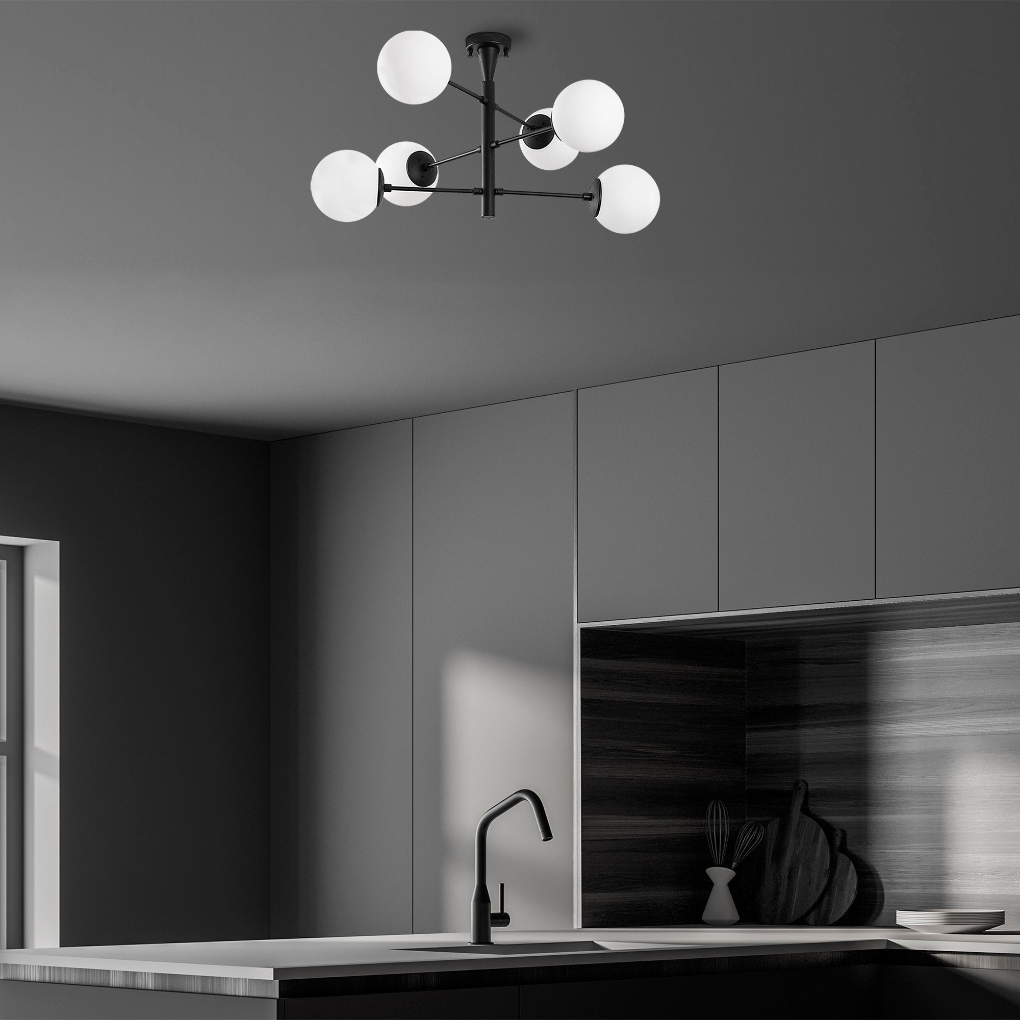 Candeeiro de Teto Industrial Preto, 75 x 75 x 40 cm, Corpo em Metal com Tampa de Vidro (15 cm) | 6 x E14 Máx. 40 W | Design Escandinavo Elegante para Espaços Modernos