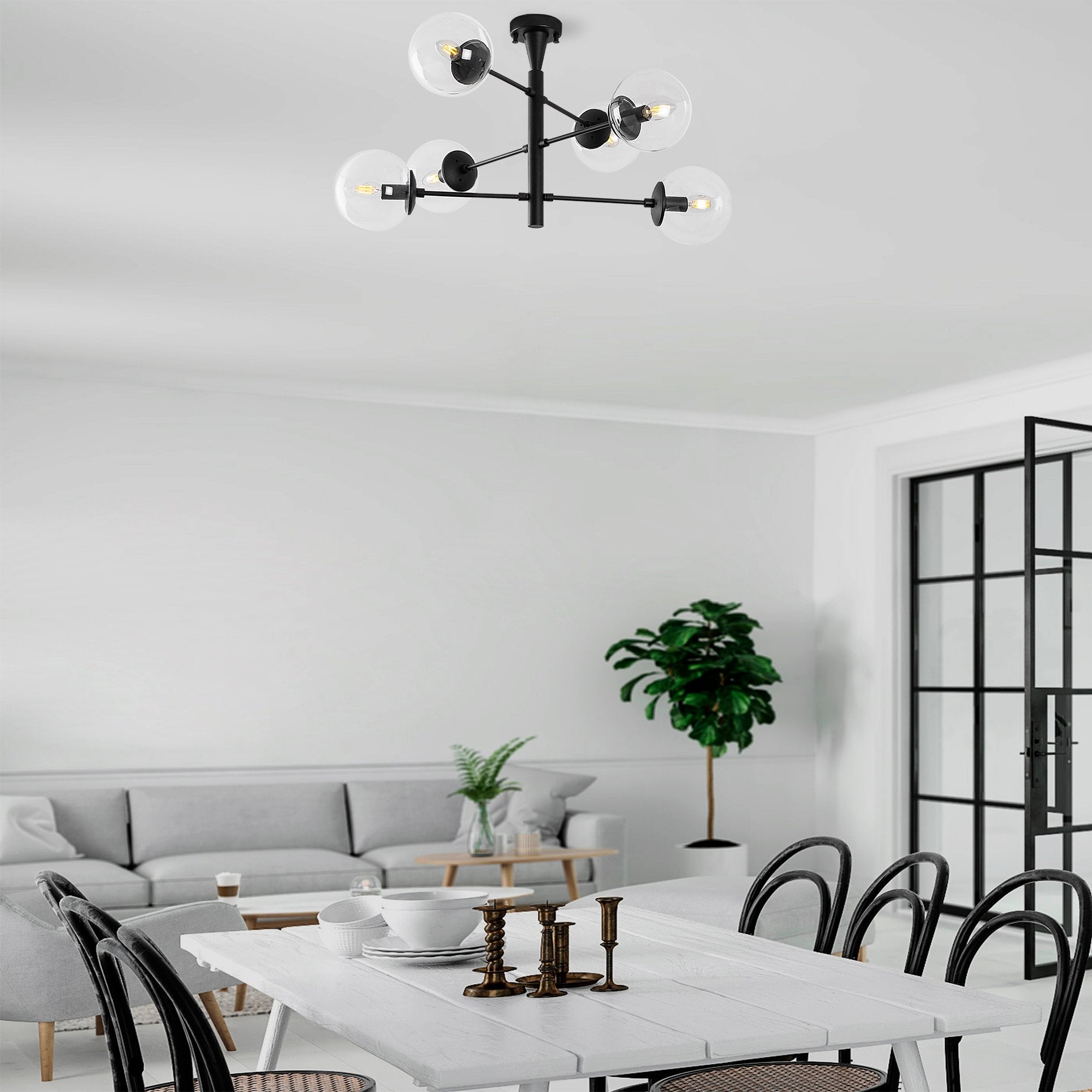Candeeiro de Teto Industrial Preto, Corpo em Metal, 75 x 75 x 40 cm | 6 Soquetes E14, IP20 | Design Escandinavo Elegante para Espaços Modernos