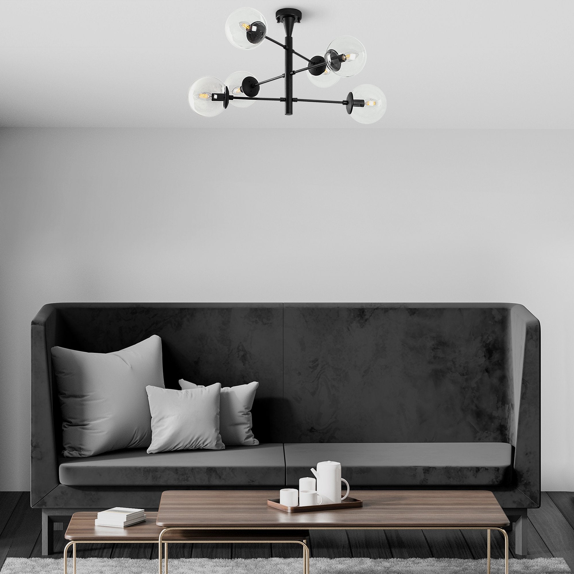 Candeeiro de Teto Industrial Preto, Corpo em Metal, 75 x 75 x 40 cm | 6 Soquetes E14, IP20 | Design Escandinavo Elegante para Espaços Modernos