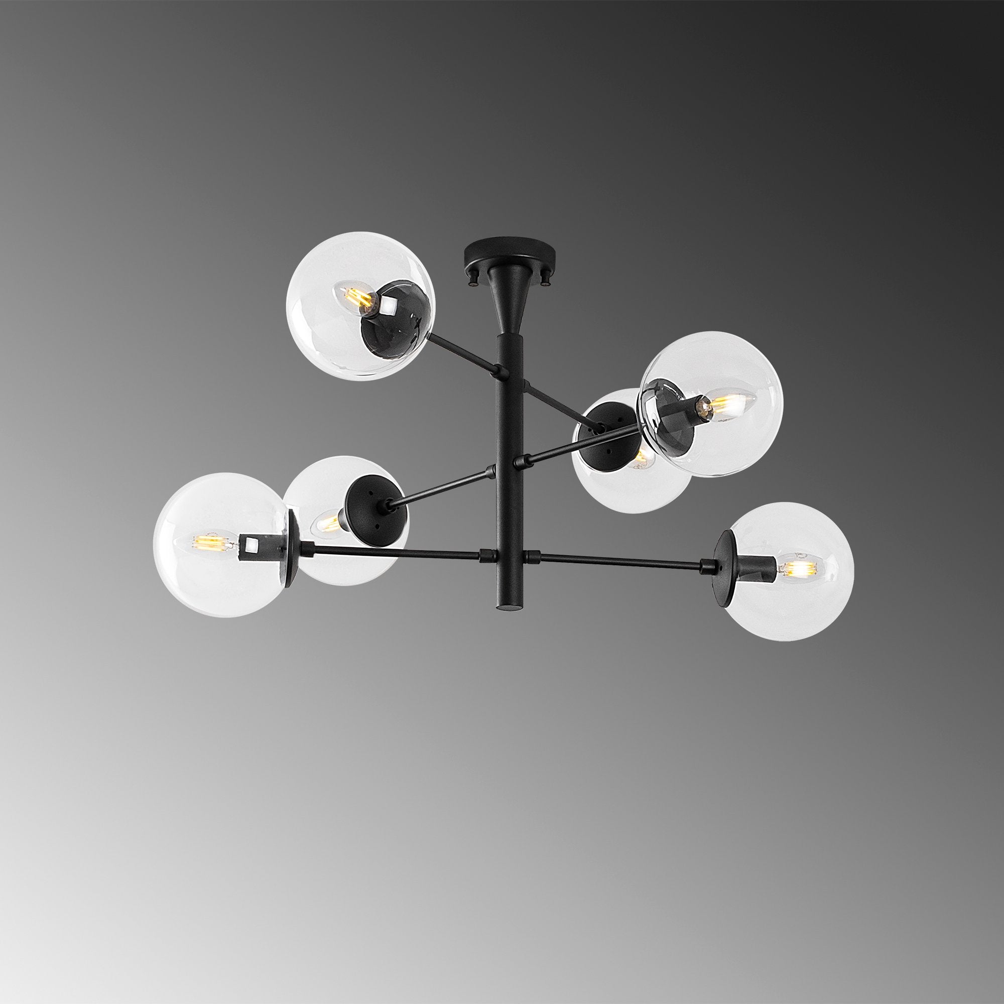 Candeeiro de Teto Industrial Preto, Corpo em Metal, 75 x 75 x 40 cm | 6 Soquetes E14, IP20 | Design Escandinavo Elegante para Espaços Modernos