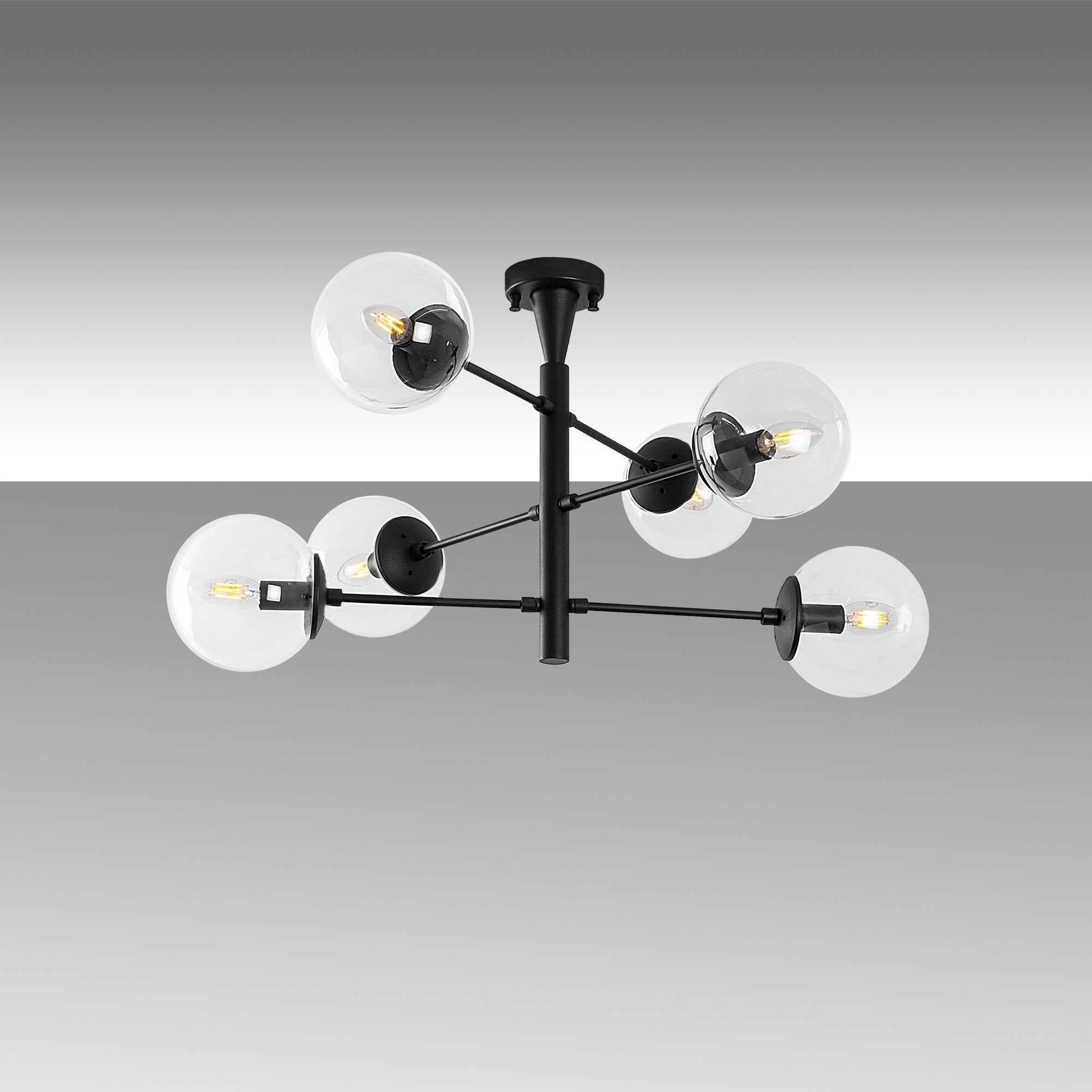 Candeeiro de Teto Industrial Preto, Corpo em Metal, 75 x 75 x 40 cm | 6 Soquetes E14, IP20 | Design Escandinavo Elegante para Espaços Modernos