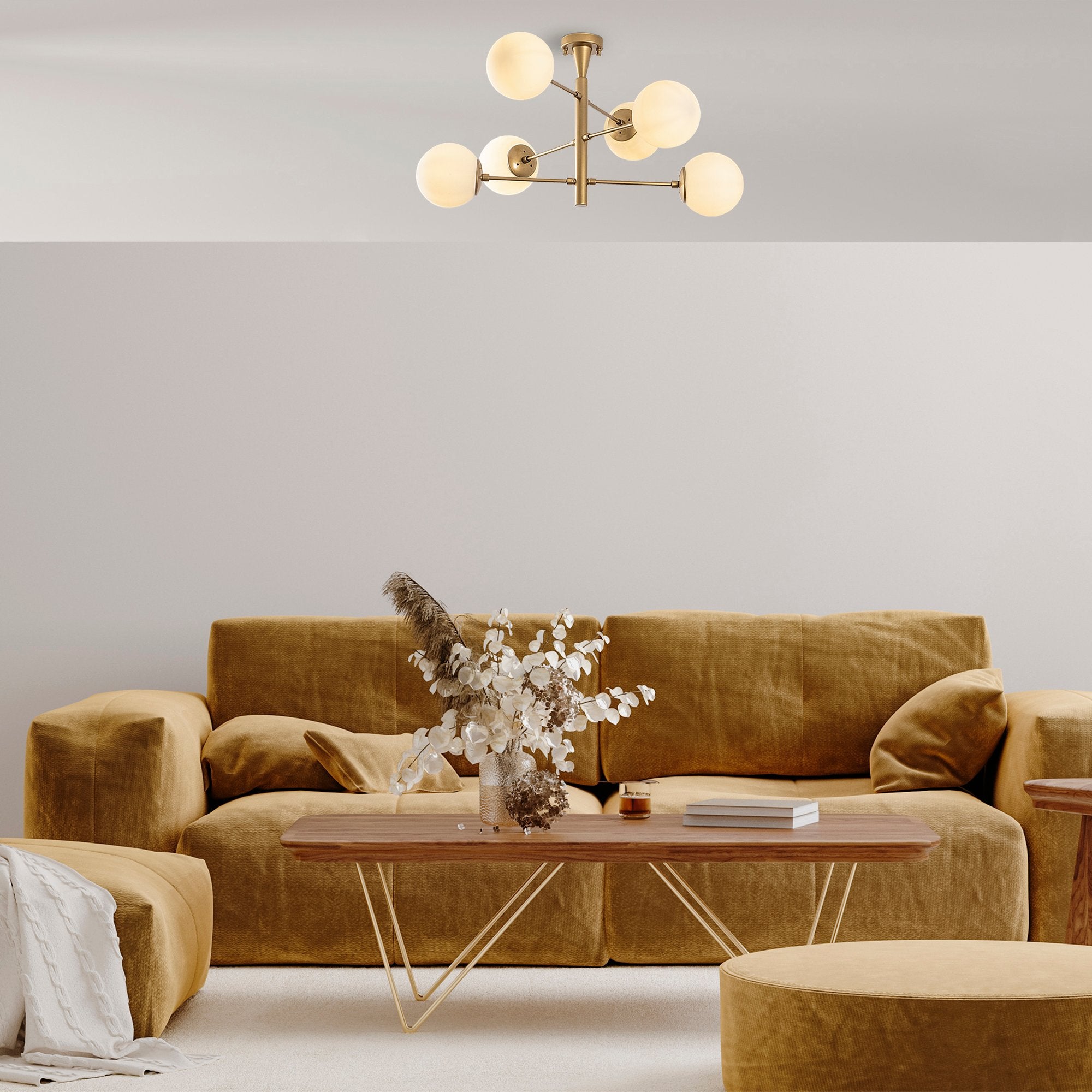 Candeeiro de Teto Escandinavo Glam, Corpo em Metal Dourado, 75 x 75 x 40 cm | 6 Soquetes E14, IP20 | Tampa de Vidro Elegante, Perfeito para Interiores Modernos
