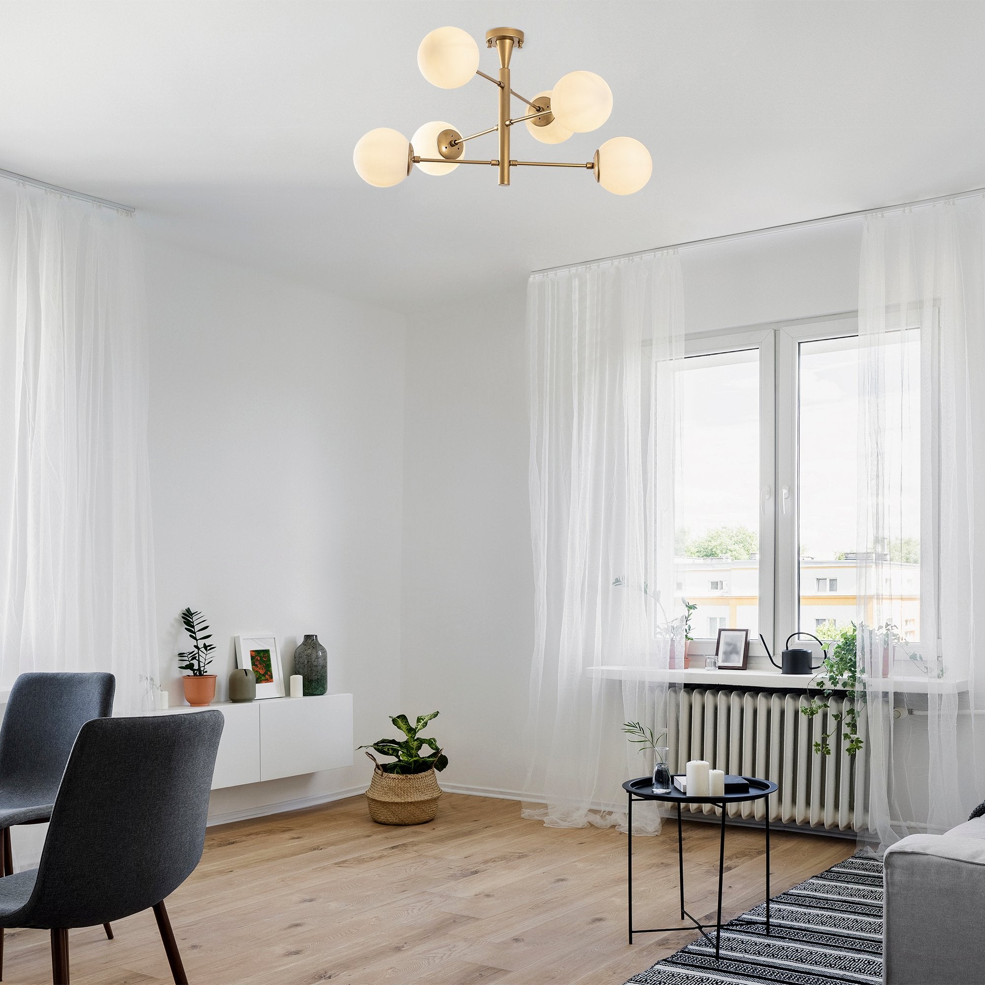 Candeeiro de Teto Escandinavo Glam, Corpo em Metal Dourado, 75 x 75 x 40 cm | 6 Soquetes E14, IP20 | Tampa de Vidro Elegante, Perfeito para Interiores Modernos