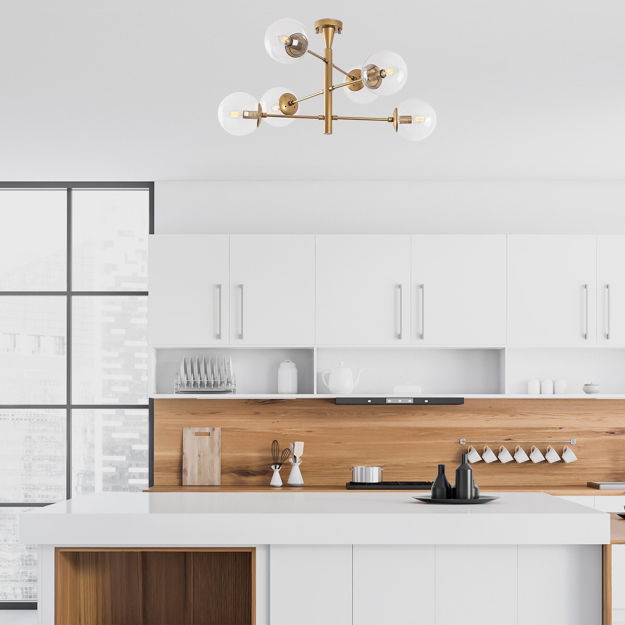 Candeeiro de Teto Dourado Elegante, Corpo em Metal, 75 x 75 x 40 cm | Tampa de Vidro (15 cm) | 6 x E14 Máx. 40 W | Design Escandinavo Glamouroso para Espaços Modernos