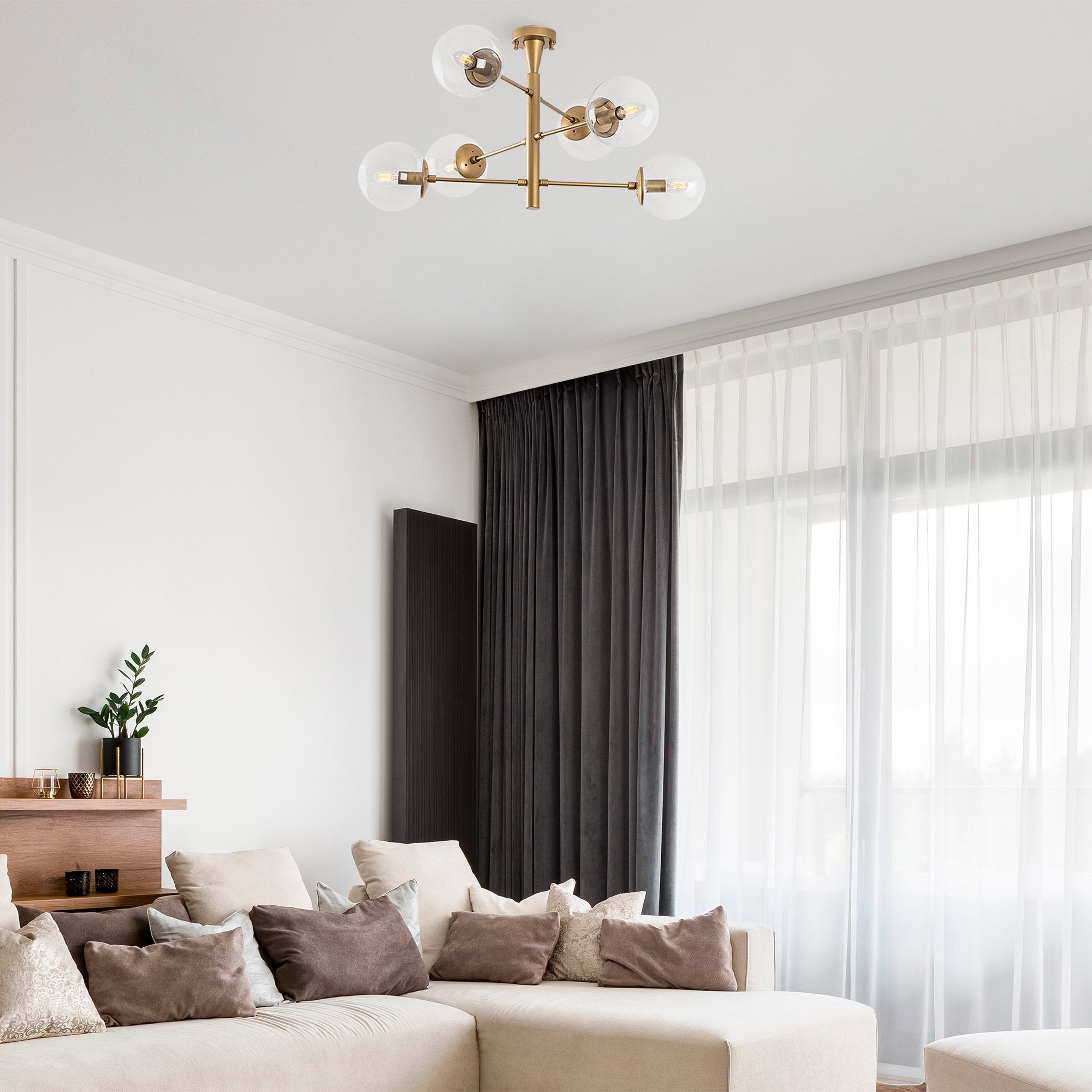 Candeeiro de Teto Dourado Elegante, Corpo em Metal, 75 x 75 x 40 cm | Tampa de Vidro (15 cm) | 6 x E14 Máx. 40 W | Design Escandinavo Glamouroso para Espaços Modernos