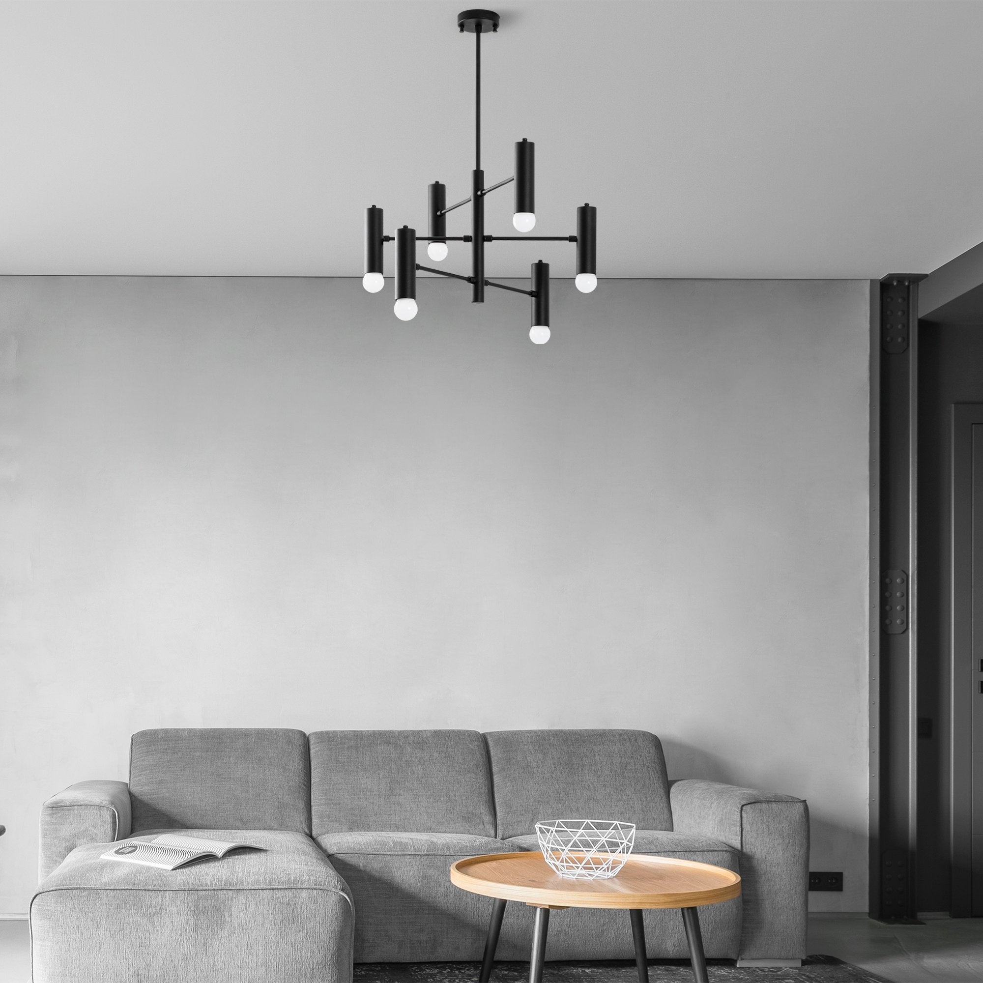 Candeeiro de Teto Industrial Escandinavo, Preto e Branco, 55 x 55 x 73 cm | Corpo em Metal, 6 Soquetes E27, Design Elegante para Espaços Modernos | Classificação IP20