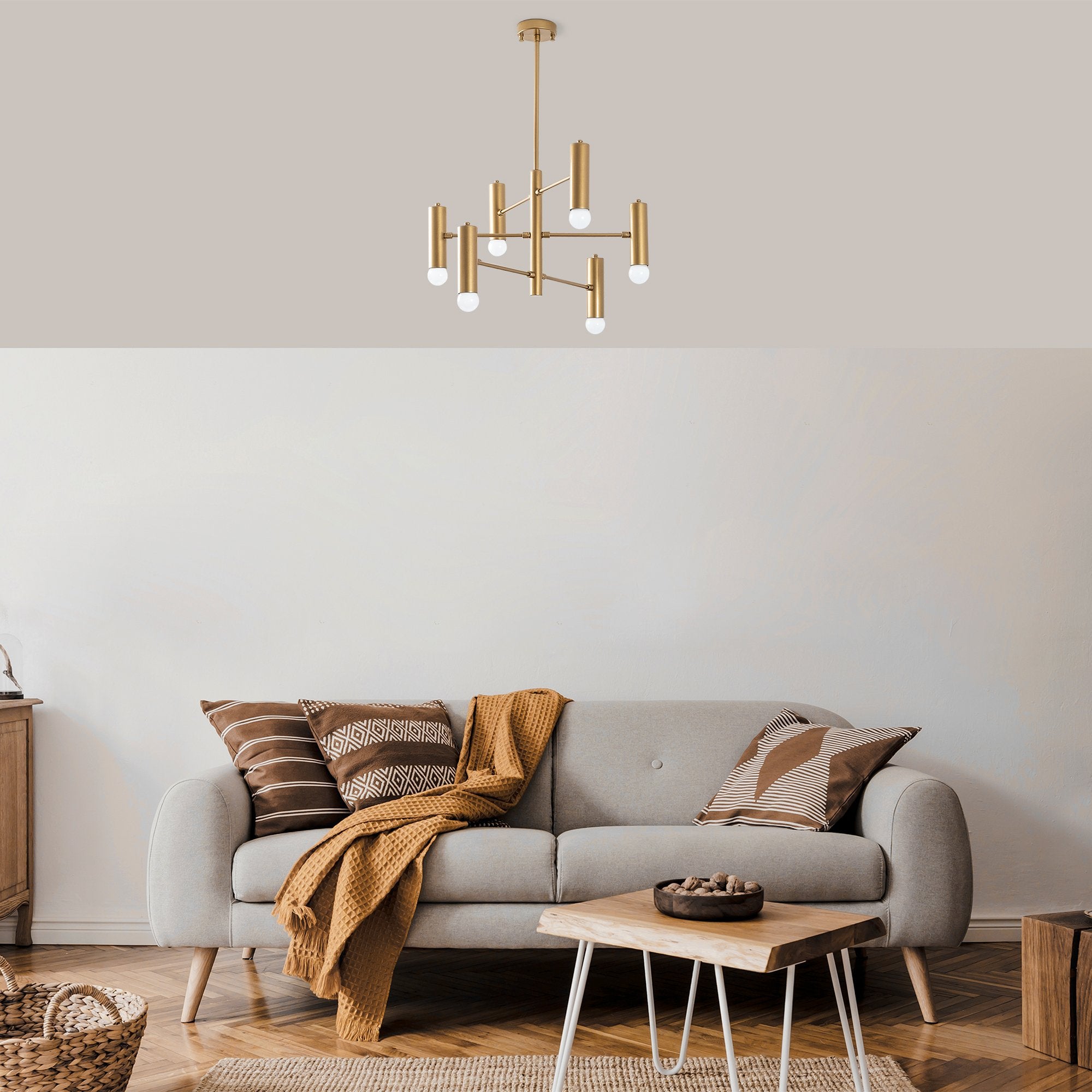 Candeeiro de Teto Dourado Glamouroso, Corpo em Metal, 55 x 55 x 73 cm | 6 x E27 Máx. 40 W | Design Escandinavo, Iluminação Elegante para Espaços Modernos, Classificação IP20