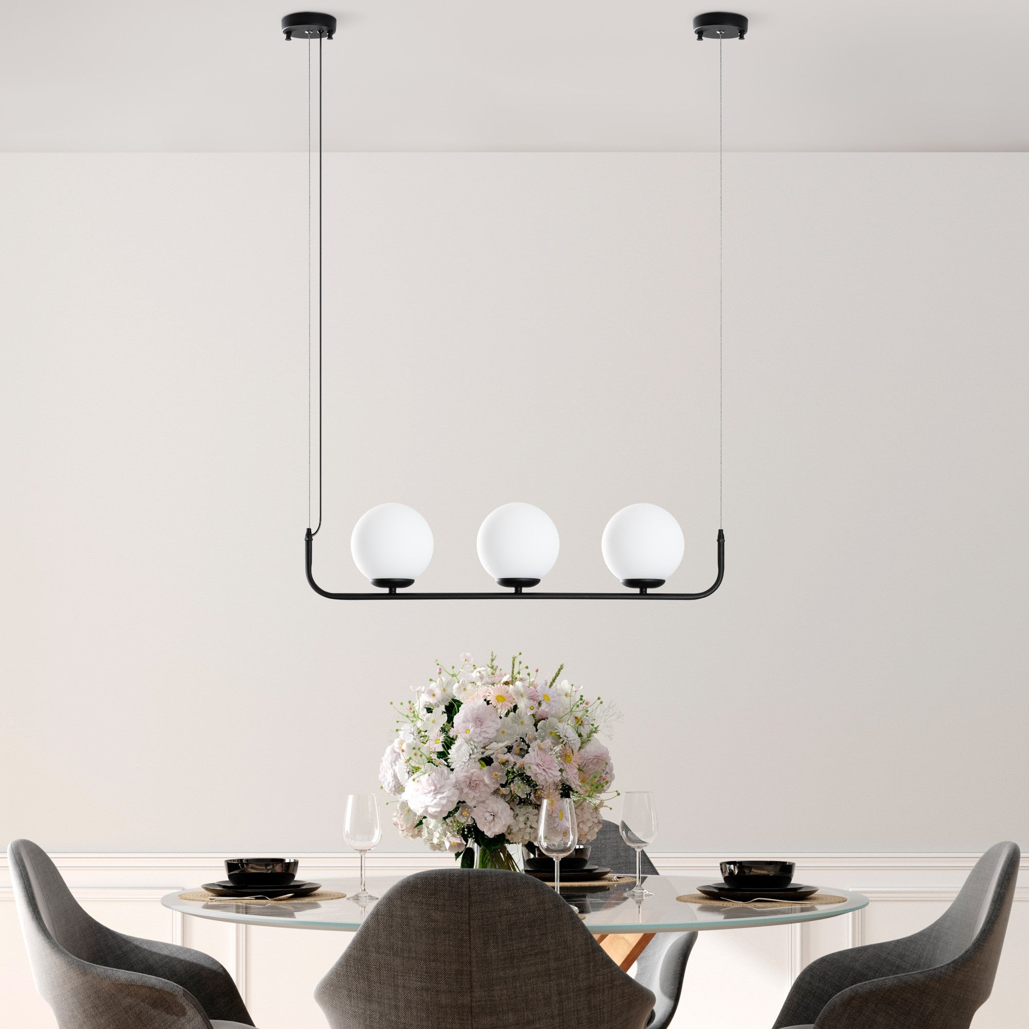 Candeeiro de Teto preto elegante, altura ajustável de 20 a 110 cm, corpo de metal, 3 soquetes E14, diâmetro da tampa de 15 cm, perfeito para espaços modernos, classificação IP23