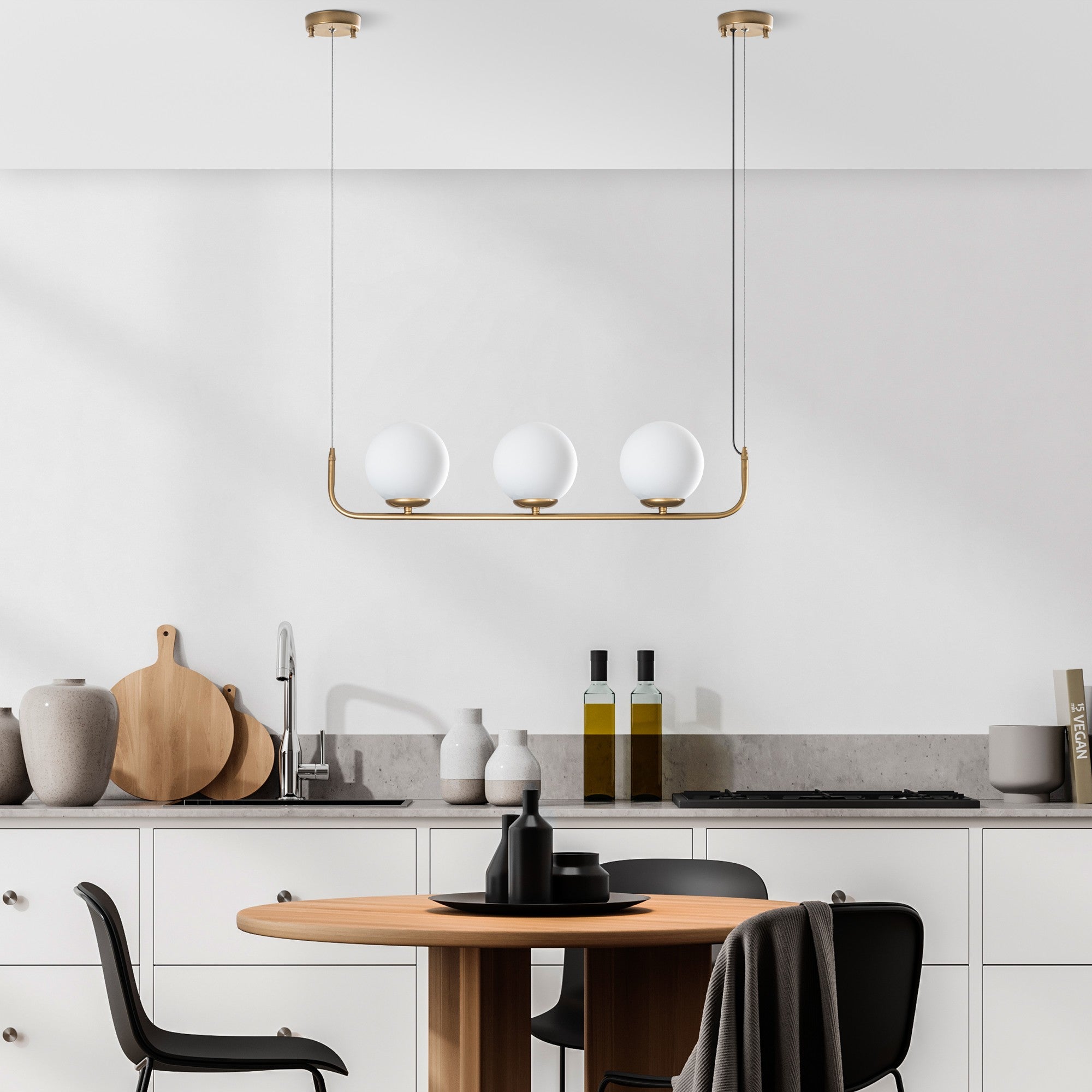 Candeeiro de Teto dourado elegante, altura ajustável de 20 a 110 cm, corpo de metal, 3 soquetes E14, diâmetro da tampa de 15 cm, perfeito para espaços de convivência modernos, classificação IP24.