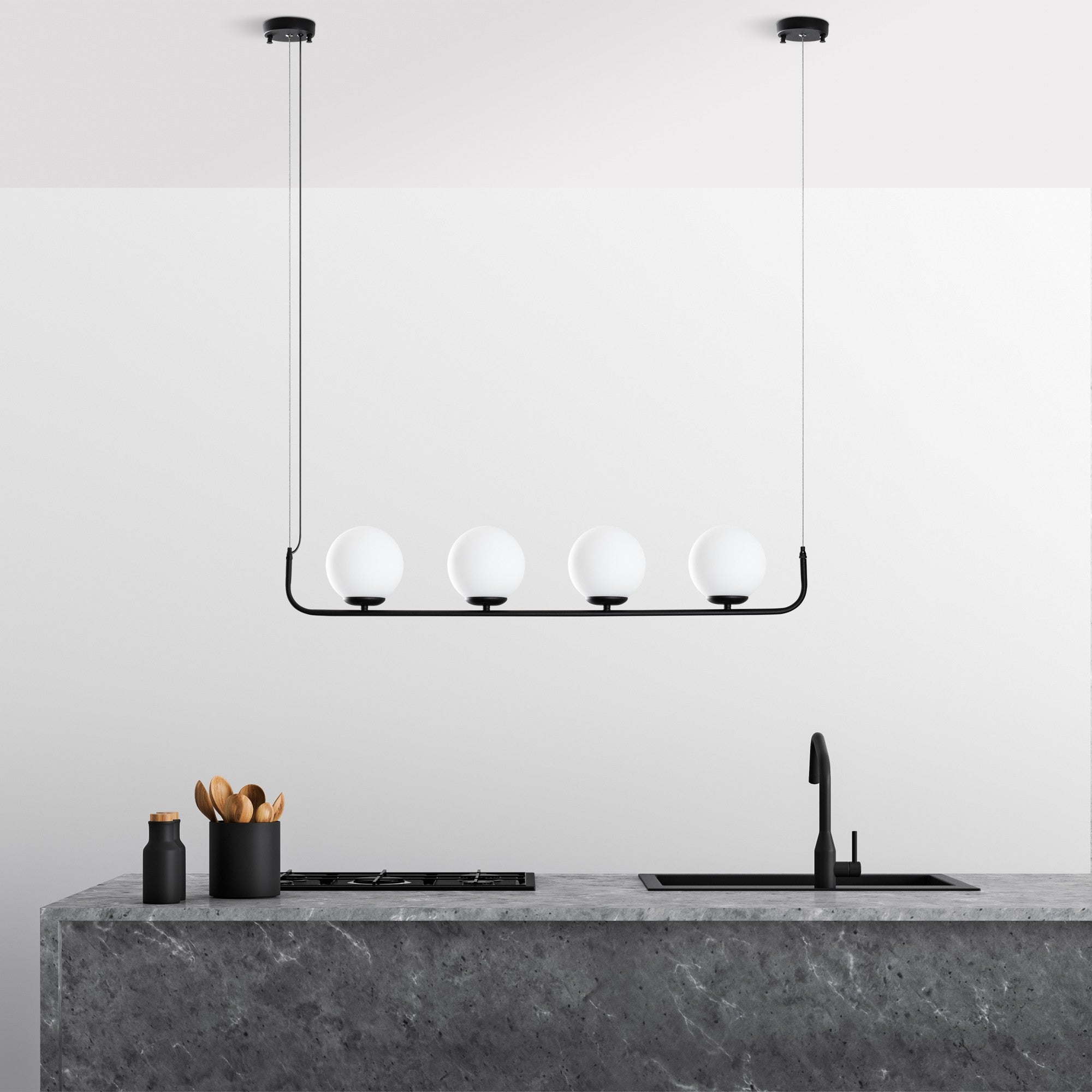 Candeeiro de Teto preto elegante, altura ajustável de 20 a 110 cm, corpo de metal, 4 soquetes E14, diâmetro da tampa de 15 cm, perfeito para espaços modernos, classificação IP26