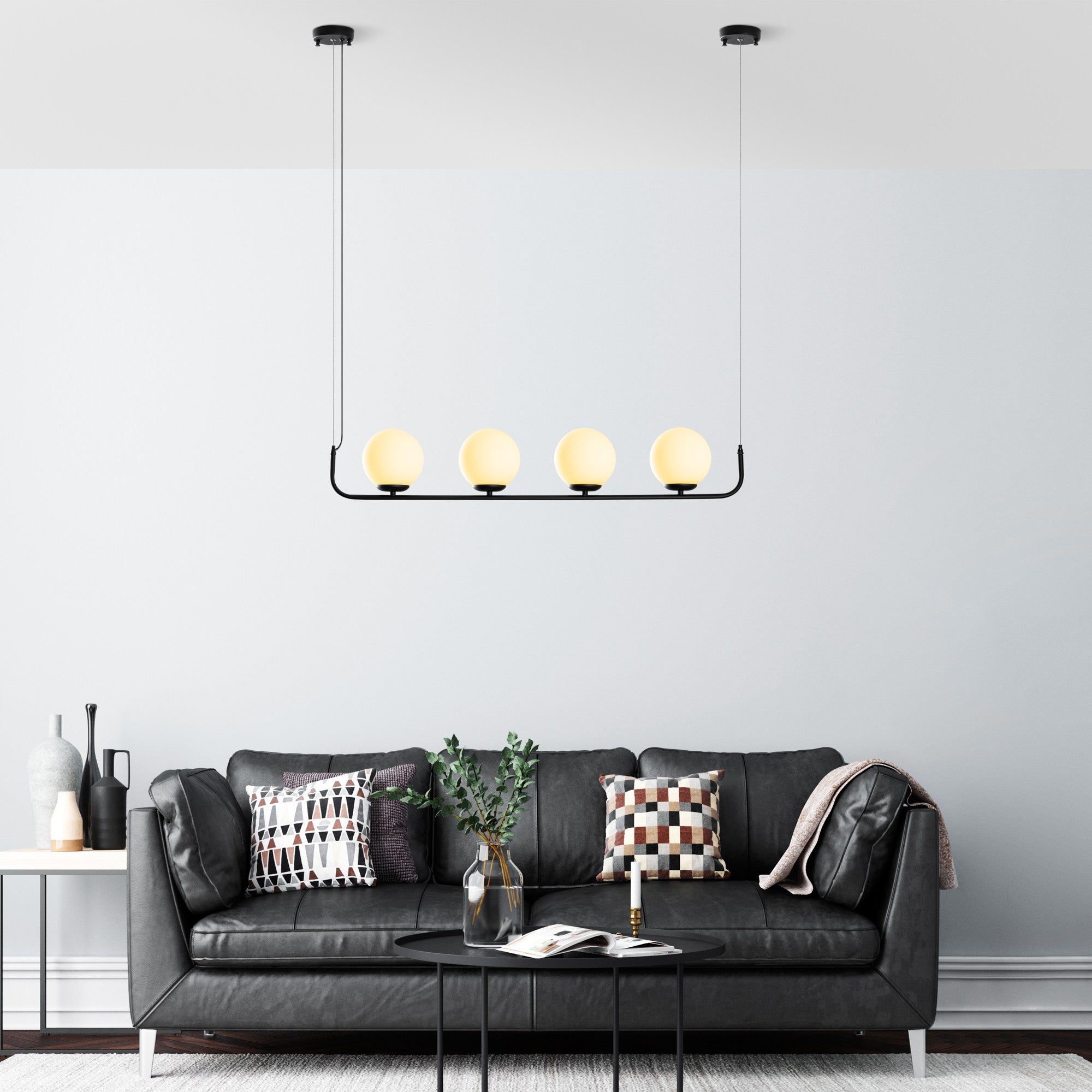 Candeeiro de Teto preto elegante, altura ajustável de 20 a 110 cm, corpo de metal, 4 soquetes E14, diâmetro da tampa de 15 cm, perfeito para espaços modernos, classificação IP26