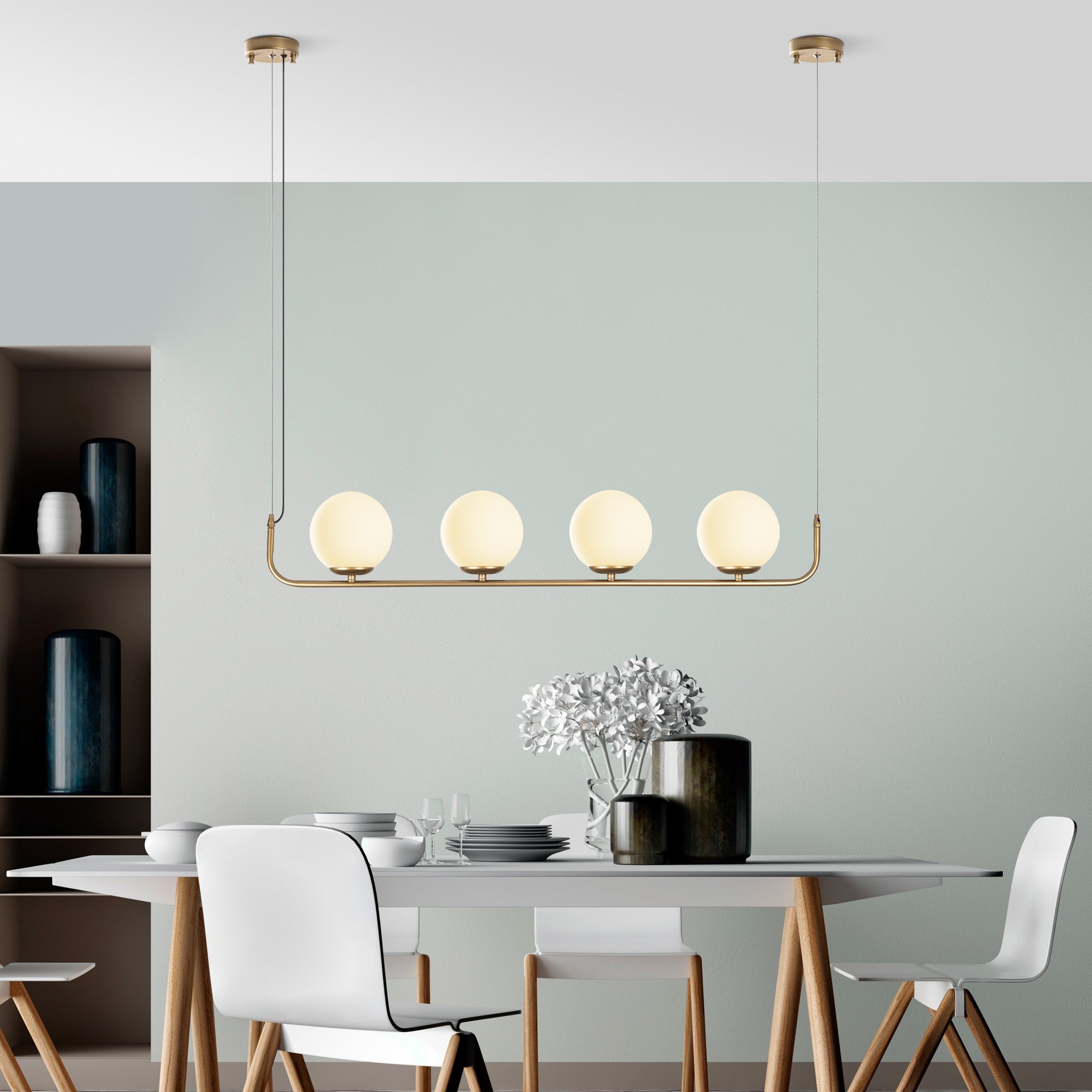 Candeeiro de Teto dourado elegante, altura ajustável de 20 a 110 cm, corpo de metal, 4 soquetes E14, diâmetro da tampa de 15 cm, perfeito para espaços de convivência modernos, classificação IP27.