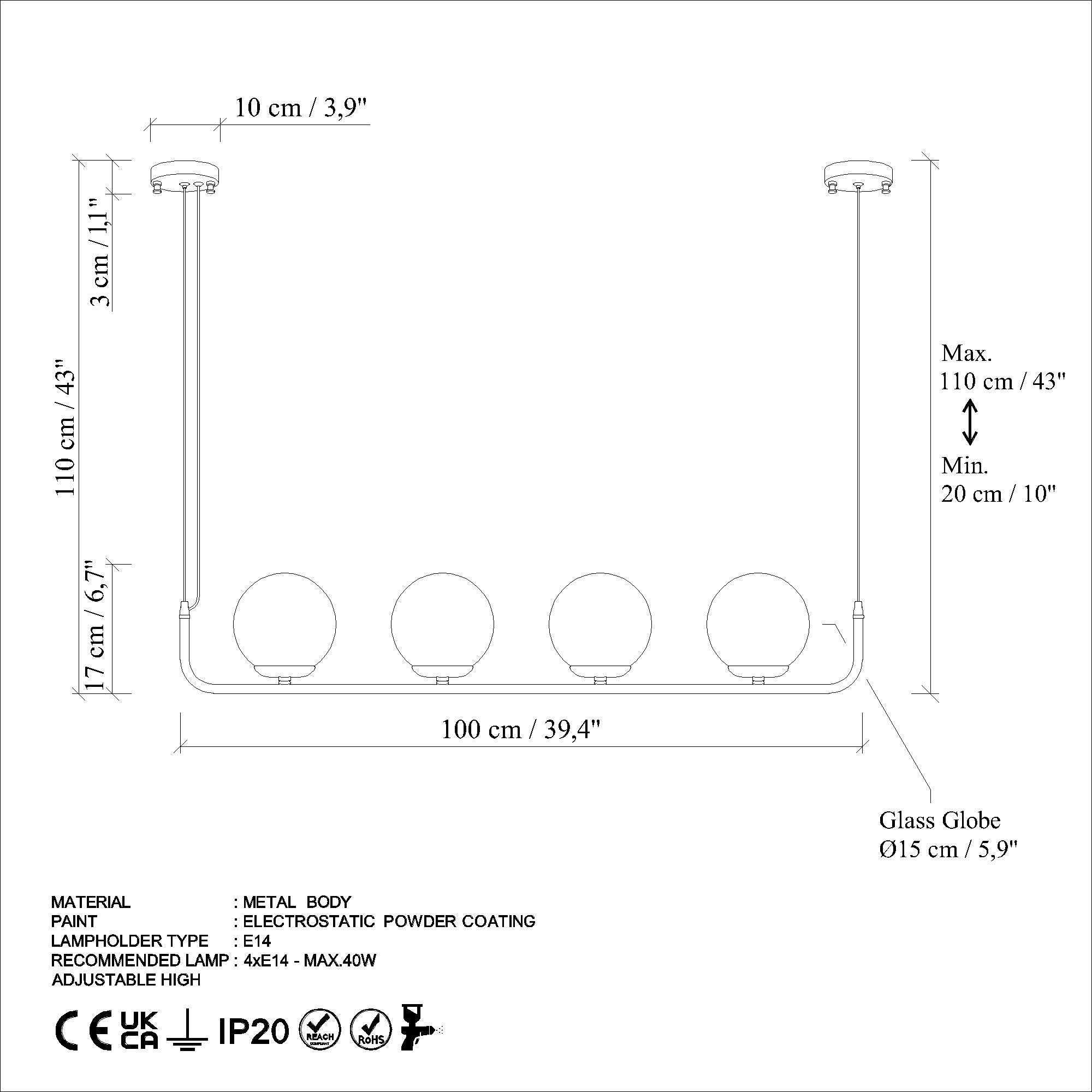 Candeeiro de Teto dourado elegante, altura ajustável de 20 a 110 cm, corpo de metal, 4 soquetes E14, diâmetro da tampa de 15 cm, perfeito para espaços de convivência modernos, classificação IP27.