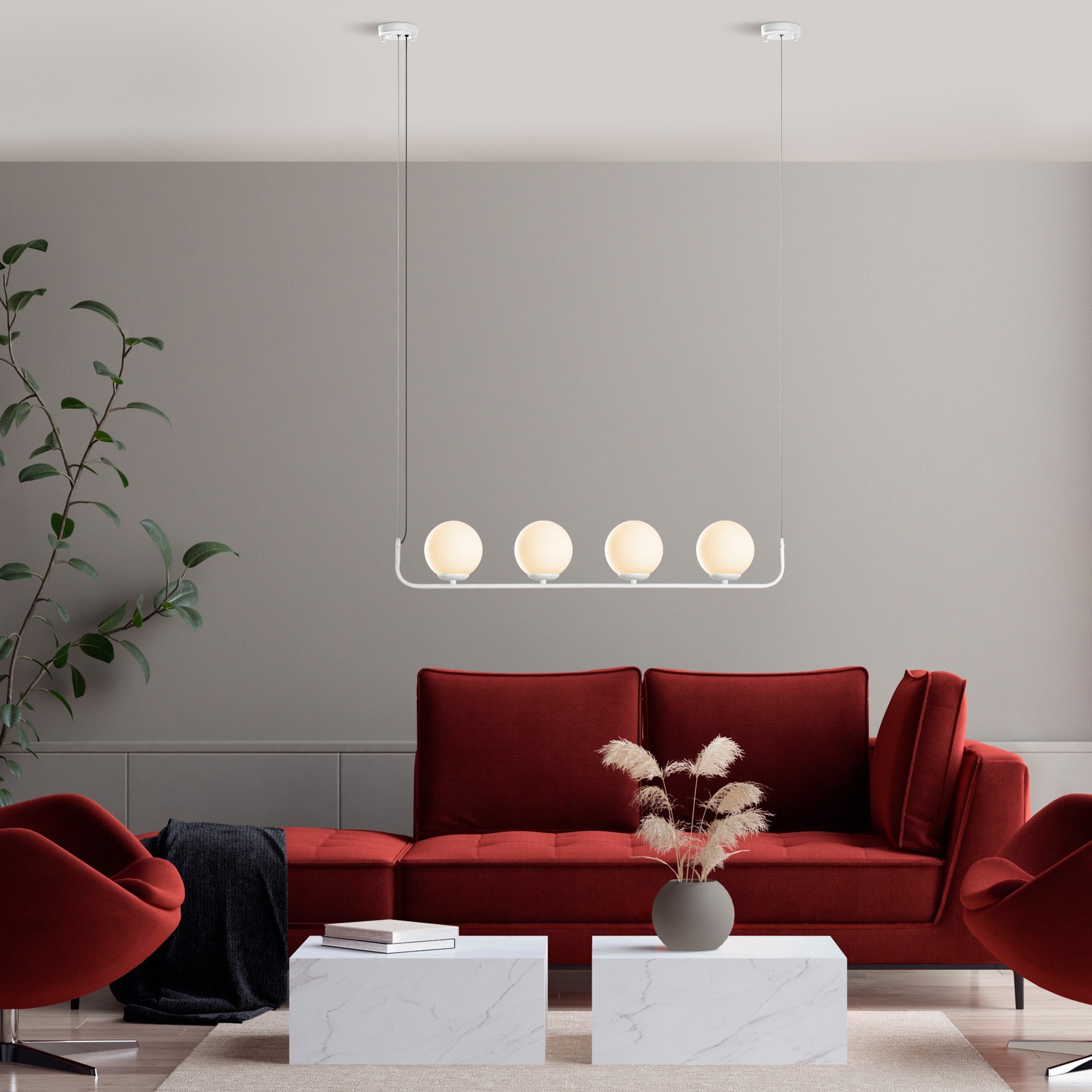 Candeeiro de Teto branco elegante, altura ajustável de 20 a 110 cm, corpo de metal, 4 soquetes E14, diâmetro da tampa de 15 cm, perfeito para espaços modernos, classificação IP28