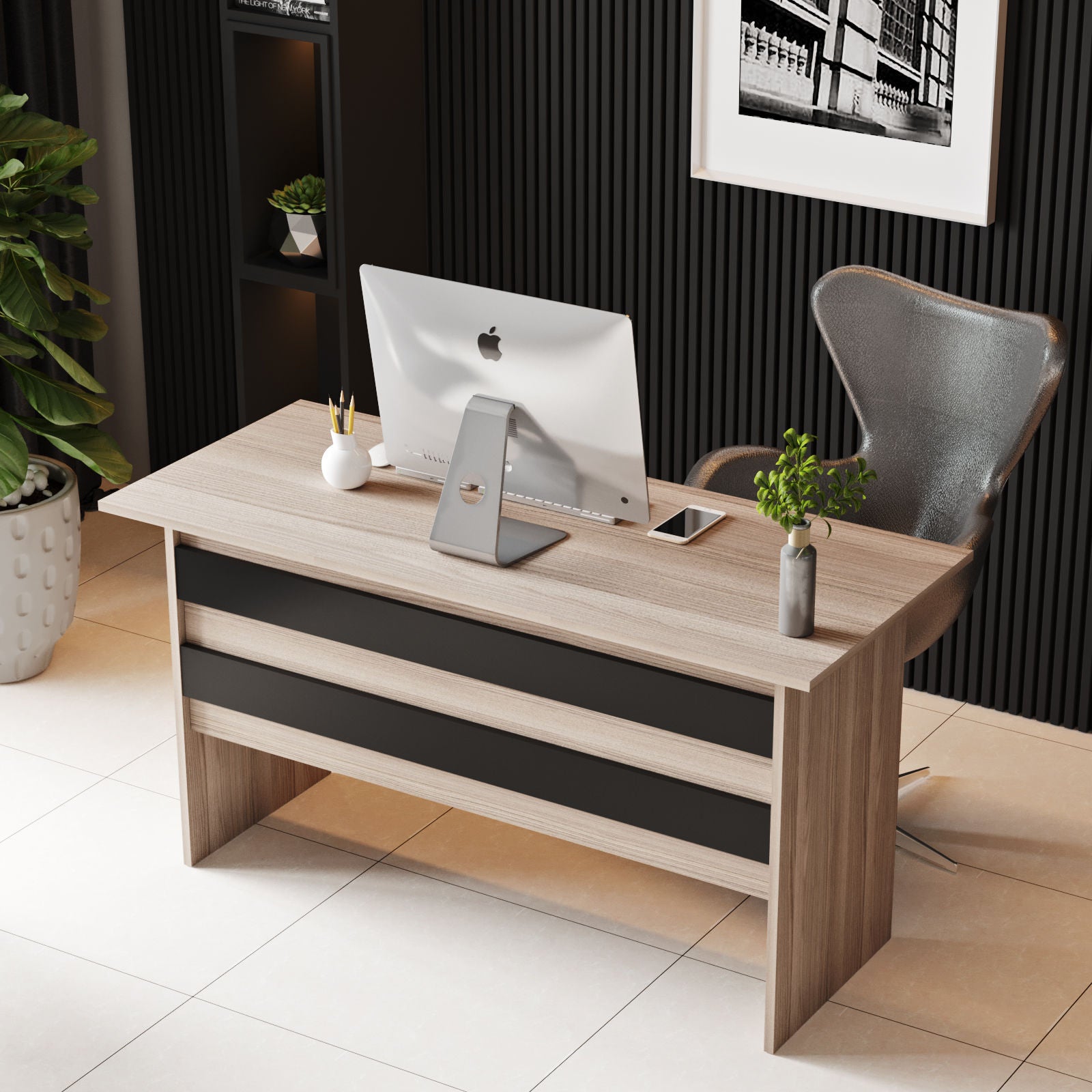 Secretária de Estudo Moderna – 140 x 60 x 73,8 cm – Carvalho e Preto – Painéis de Partículas Revestidos em Melamina