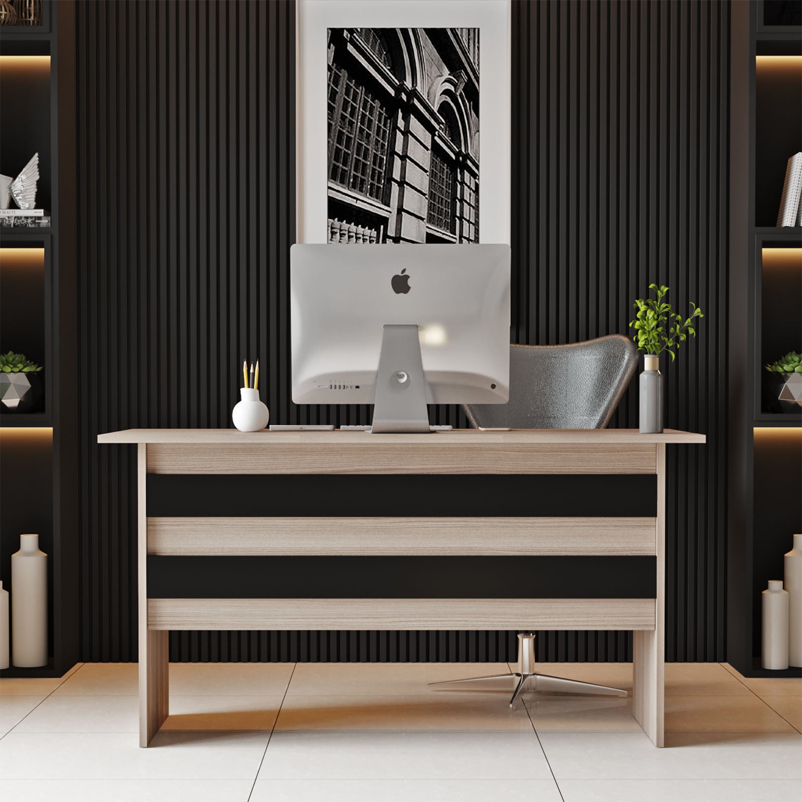 Secretária de Estudo Moderna – 140 x 60 x 73,8 cm – Carvalho e Preto – Painéis de Partículas Revestidos em Melamina