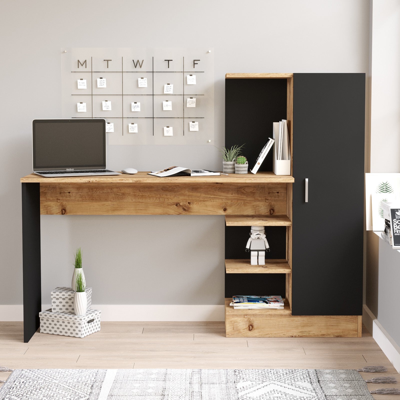 Secretária de Estudo/Escritório Moderna, Pinho Atlântico e Preto, 152,3 x 120 x 40 cm | Painel de Partículas 100% Revestido em Melamina, 18 mm de Espessura | Elegante e Funcional para Escritório em Casa