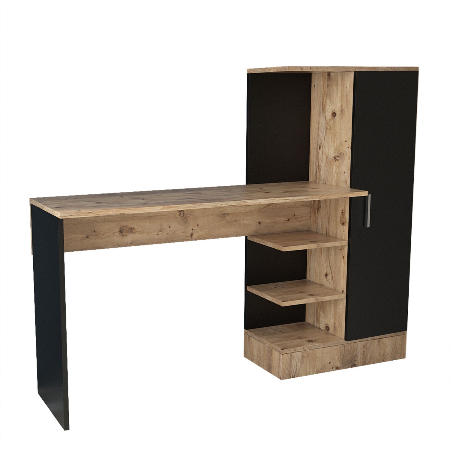 Secretária de Estudo/Escritório Moderna, Pinho Atlântico e Preto, 152,3 x 120 x 40 cm | Painel de Partículas 100% Revestido em Melamina, 18 mm de Espessura | Elegante e Funcional para Escritório em Casa