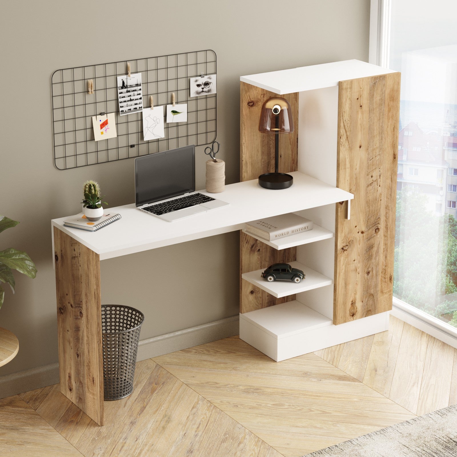Secretária de Estudo/Escritório Moderna, Pinho Atlântico e Branco, 152,3 x 120 x 40 cm | Painel de Partículas 100% Revestido em Melamina, 18 mm de Espessura | Elegante e Funcional para Escritório em Casa