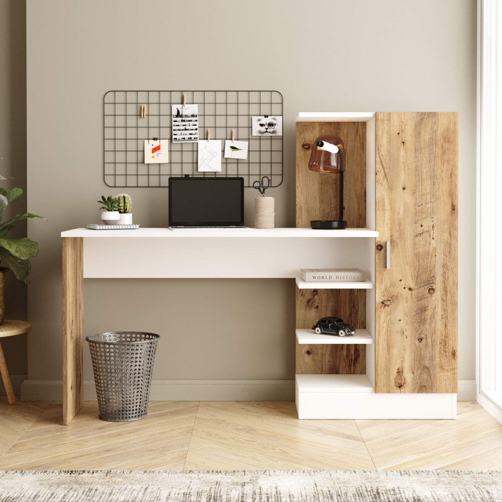 Secretária de Estudo/Escritório Moderna, Pinho Atlântico e Branco, 152,3 x 120 x 40 cm | Painel de Partículas 100% Revestido em Melamina, 18 mm de Espessura | Elegante e Funcional para Escritório em Casa