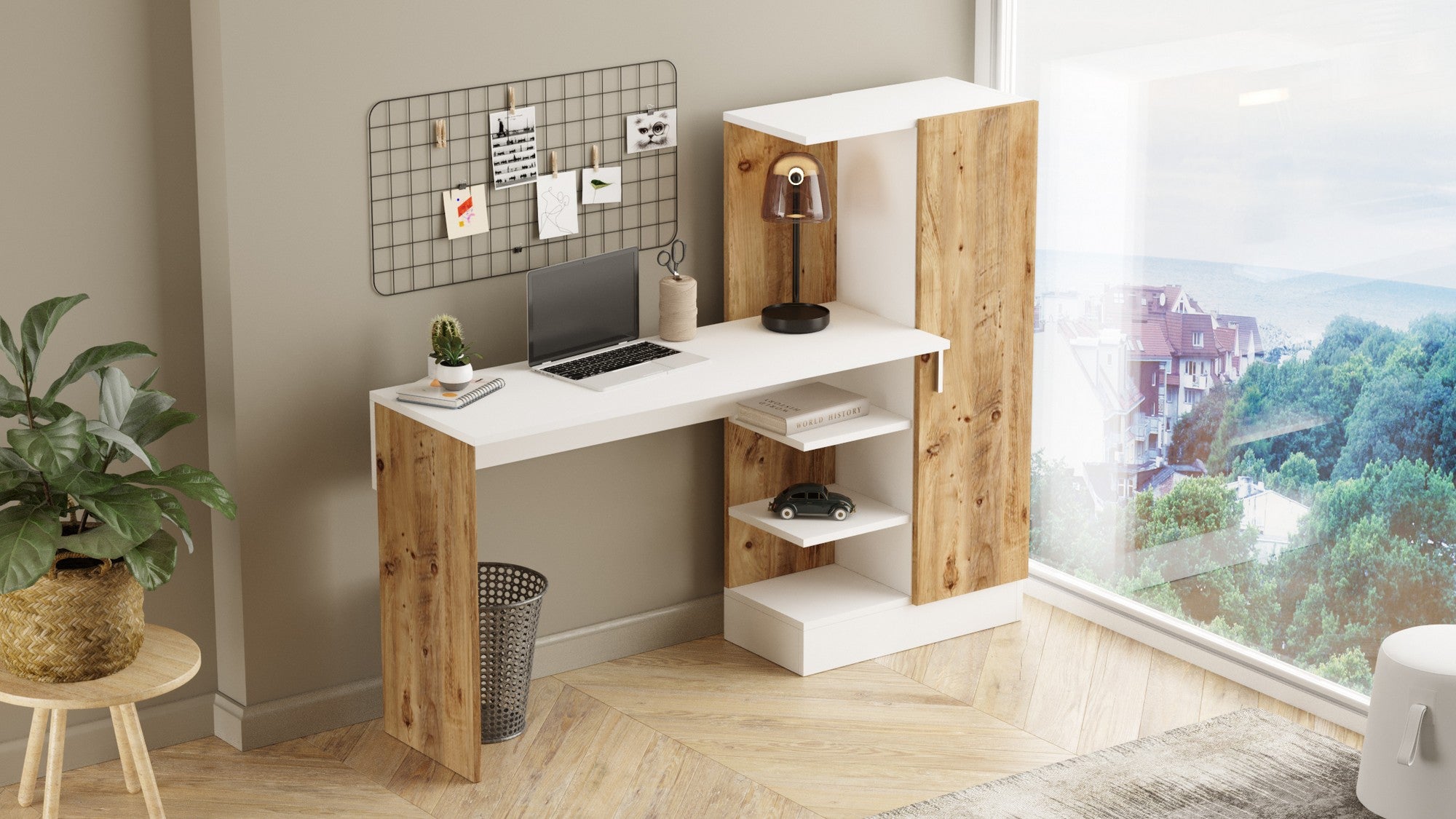 Secretária de Estudo/Escritório Moderna, Pinho Atlântico e Branco, 152,3 x 120 x 40 cm | Painel de Partículas 100% Revestido em Melamina, 18 mm de Espessura | Elegante e Funcional para Escritório em Casa