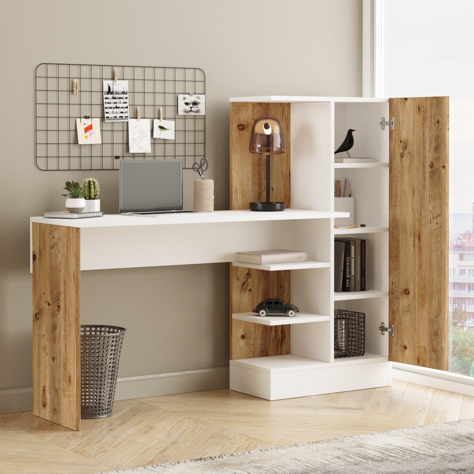 Secretária de Estudo/Escritório Moderna, Pinho Atlântico e Branco, 152,3 x 120 x 40 cm | Painel de Partículas 100% Revestido em Melamina, 18 mm de Espessura | Elegante e Funcional para Escritório em Casa