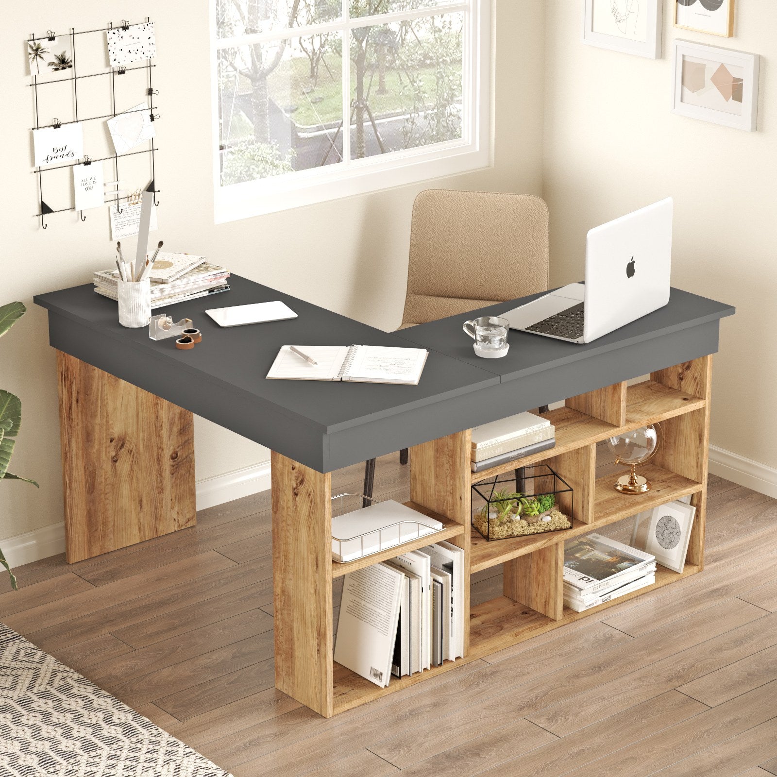Secretária de Estudo/Escritório Moderna, Pinho Atlântico e Antracite, 129 x 72 x 120 cm | Painel de Partículas 100% Revestido em Melamina, 18 mm de Espessura | Design Elegante e Funcional para Escritório em Casa