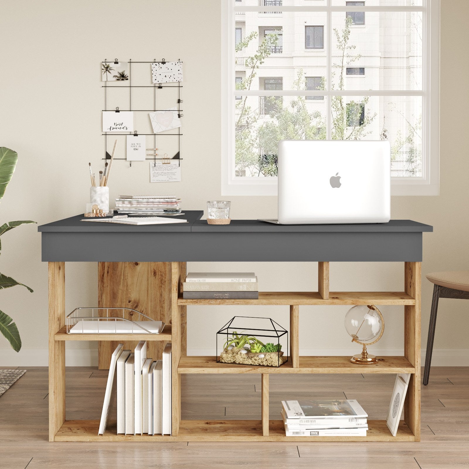 Secretária de Estudo/Escritório Moderna, Pinho Atlântico e Antracite, 129 x 72 x 120 cm | Painel de Partículas 100% Revestido em Melamina, 18 mm de Espessura | Design Elegante e Funcional para Escritório em Casa
