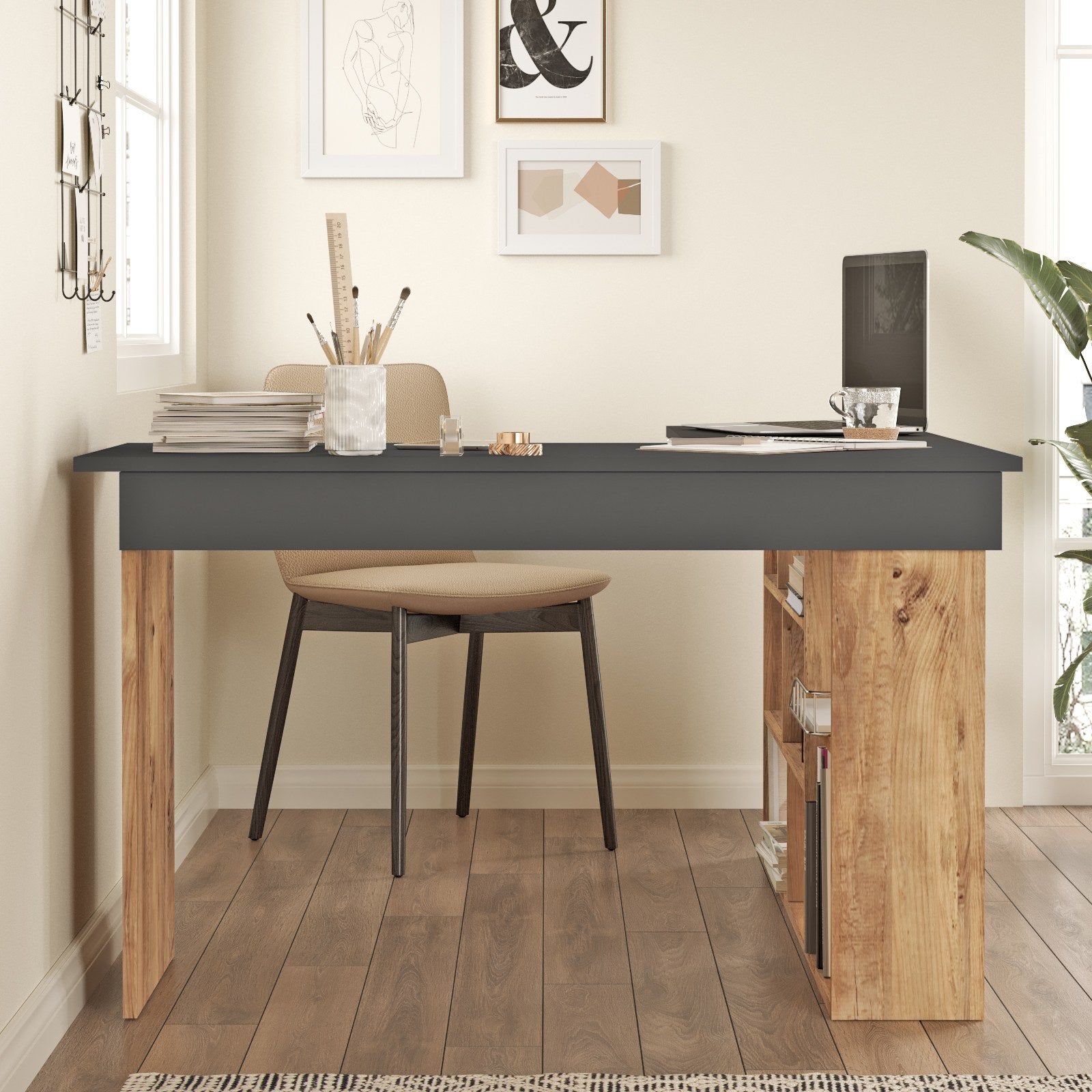 Secretária de Estudo/Escritório Moderna, Pinho Atlântico e Antracite, 129 x 72 x 120 cm | Painel de Partículas 100% Revestido em Melamina, 18 mm de Espessura | Design Elegante e Funcional para Escritório em Casa