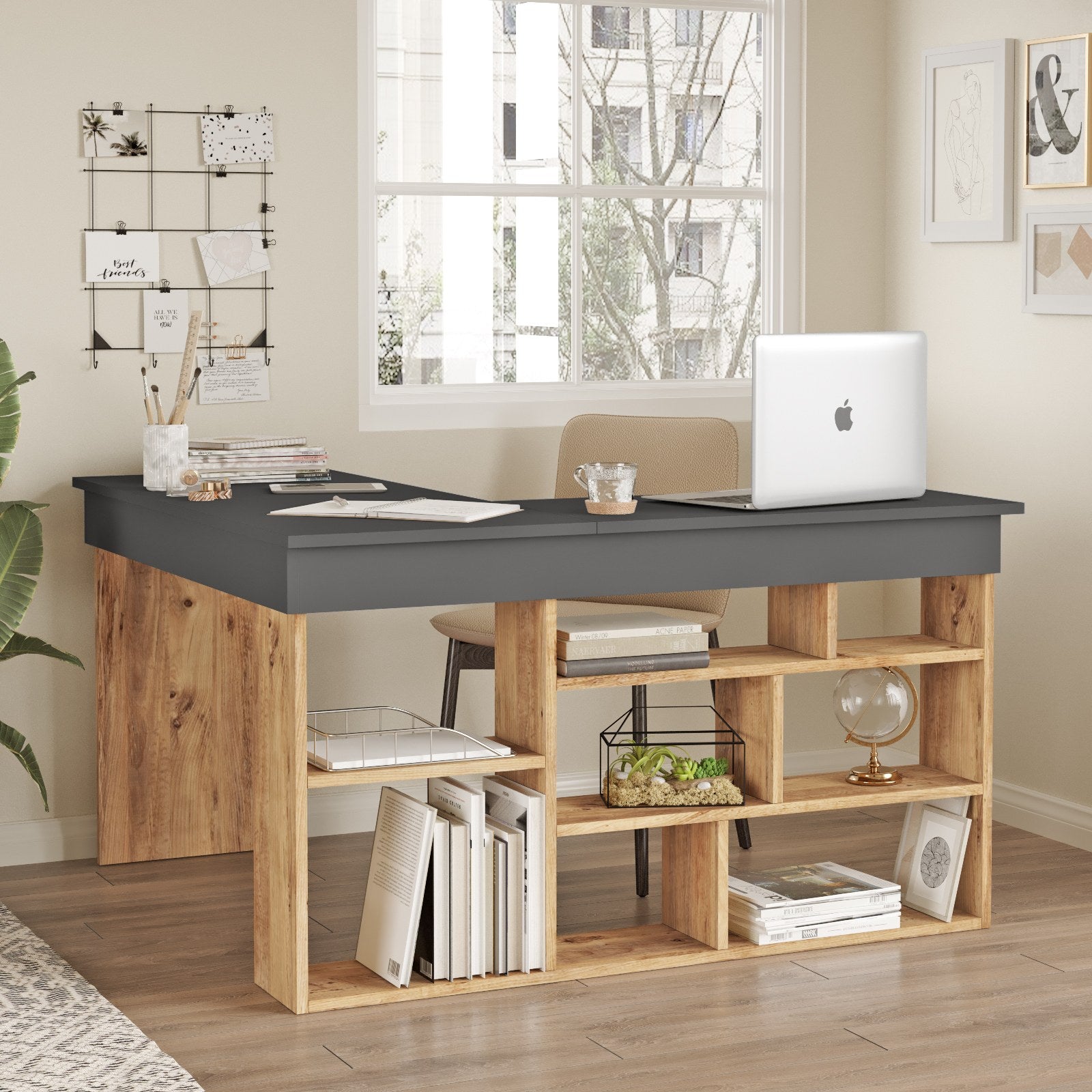 Secretária de Estudo/Escritório Moderna, Pinho Atlântico e Antracite, 129 x 72 x 120 cm | Painel de Partículas 100% Revestido em Melamina, 18 mm de Espessura | Design Elegante e Funcional para Escritório em Casa