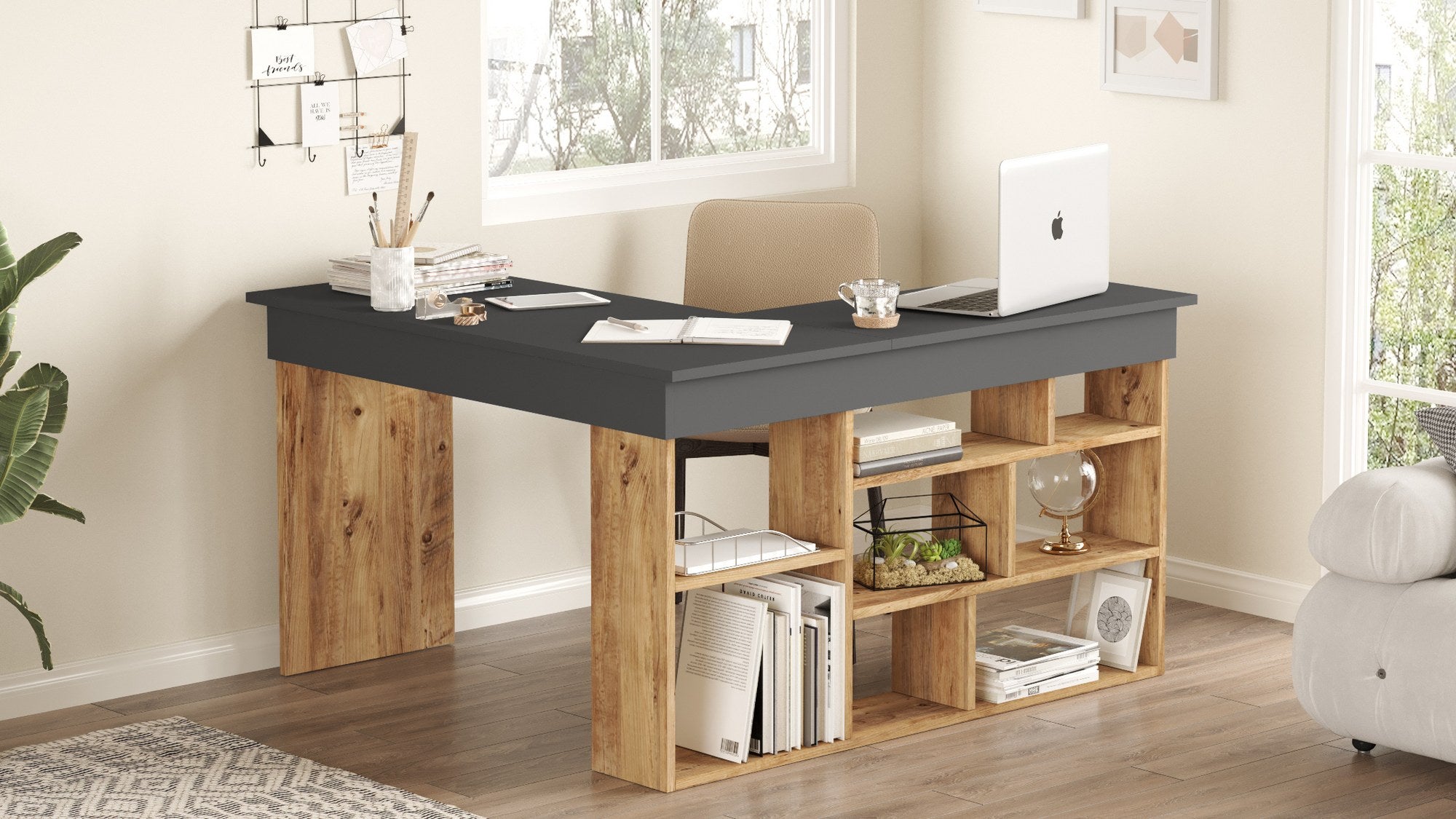 Secretária de Estudo/Escritório Moderna, Pinho Atlântico e Antracite, 129 x 72 x 120 cm | Painel de Partículas 100% Revestido em Melamina, 18 mm de Espessura | Design Elegante e Funcional para Escritório em Casa