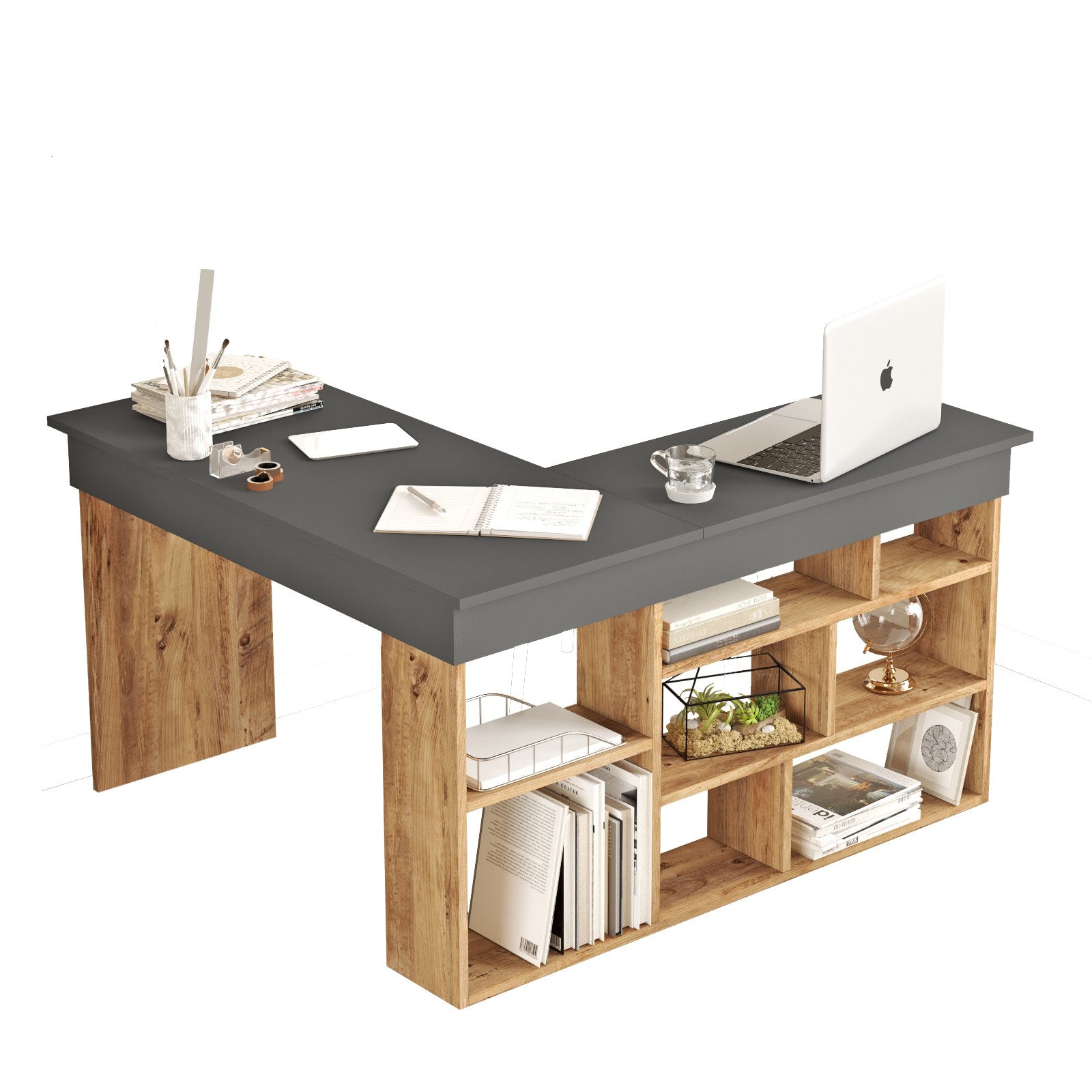 Secretária de Estudo/Escritório Moderna, Pinho Atlântico e Antracite, 129 x 72 x 120 cm | Painel de Partículas 100% Revestido em Melamina, 18 mm de Espessura | Design Elegante e Funcional para Escritório em Casa