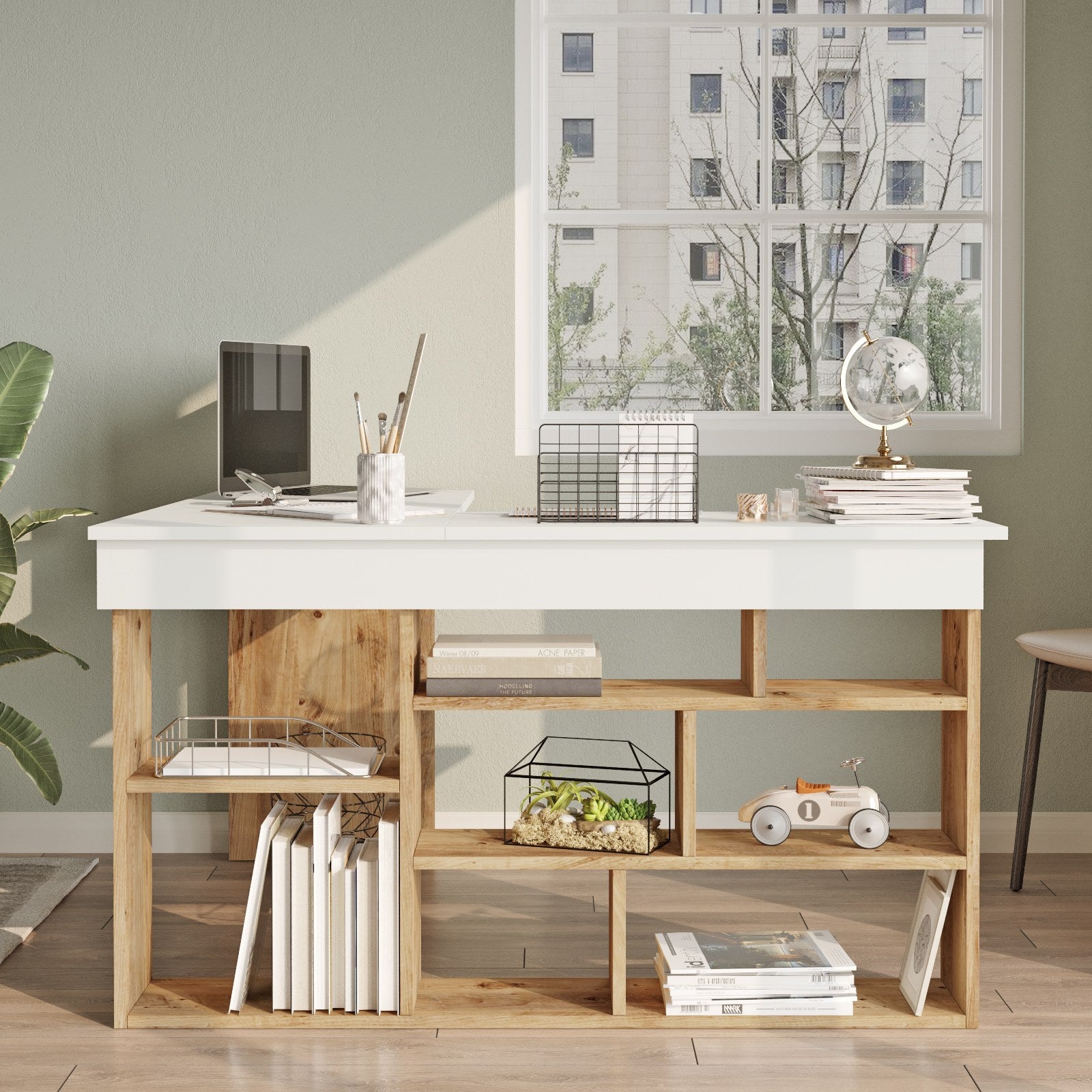 Secretária de Estudo/Escritório Moderna, Pinho Atlântico e Branco, 129 x 72 x 120 cm | Painel de Partículas 100% Revestido em Melamina, 18 mm de Espessura | Elegante e Funcional para Escritório em Casa